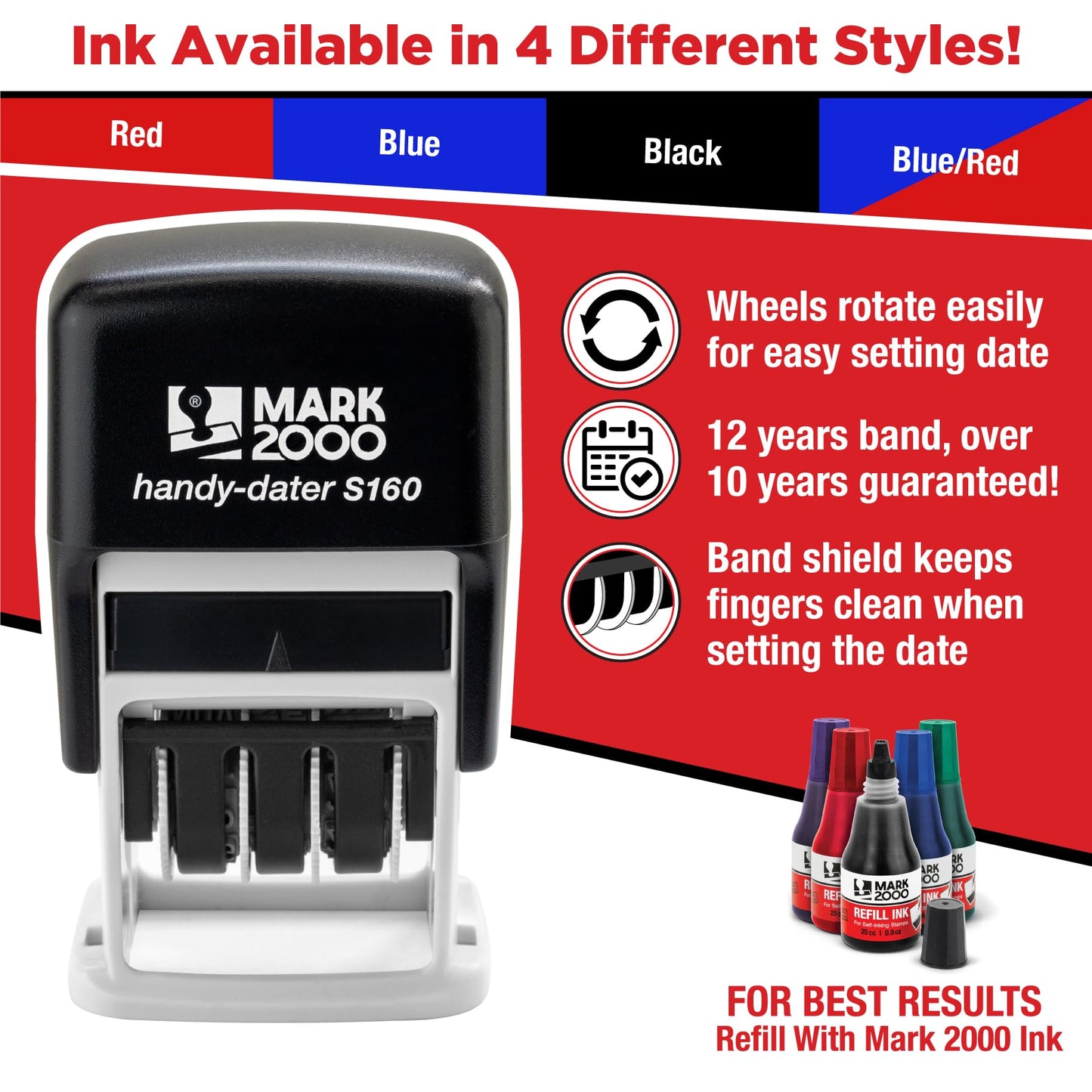 Mark 2000 Self-Inking Rubber Date Office Stamp with Scanned Phrase & Date - Red Ink (Handy-Dater S160), 12-Year Band