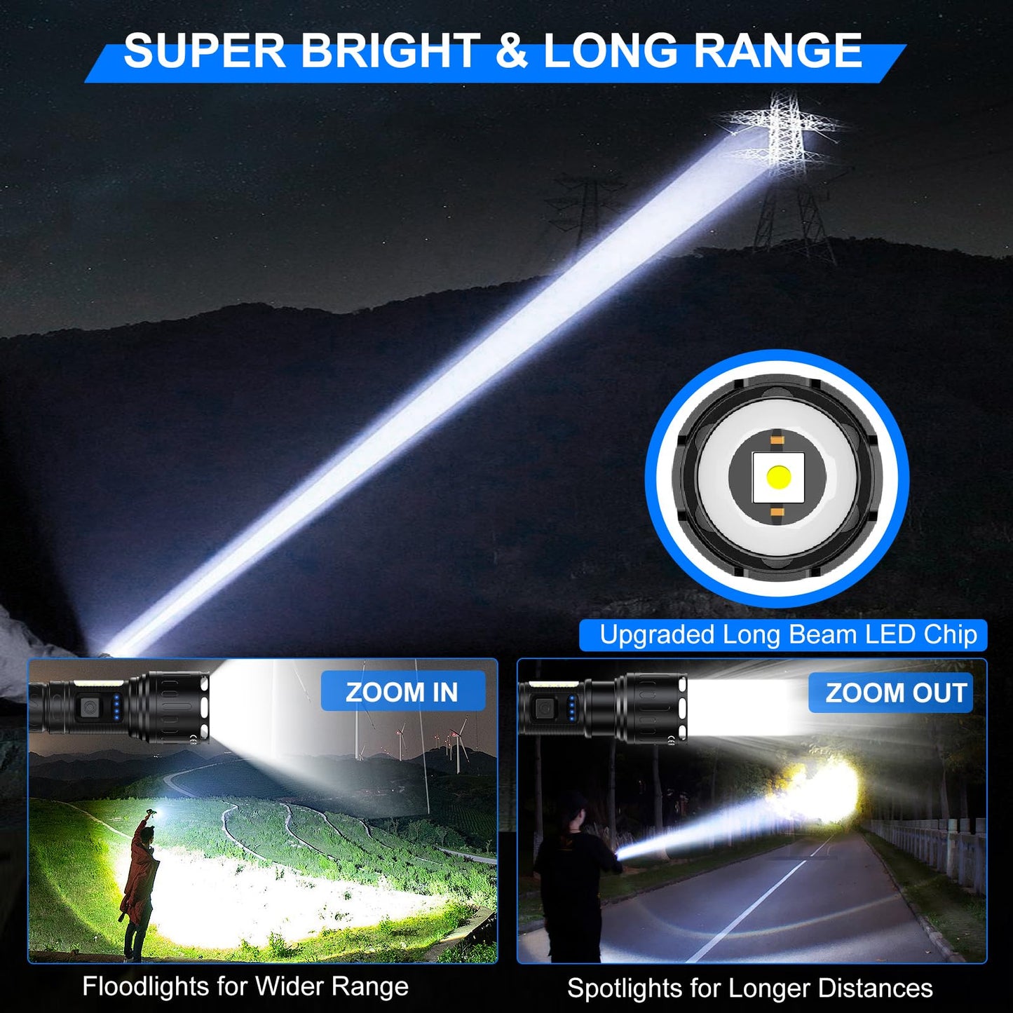 Rechargeable Magnetic Flashlights High Lumens, Super Bright LED Powerful Flashlight 8 Modes with COB Work Light, Waterproof Handheld Flash Light for Camping (2 Pack with Paper Box, Black)