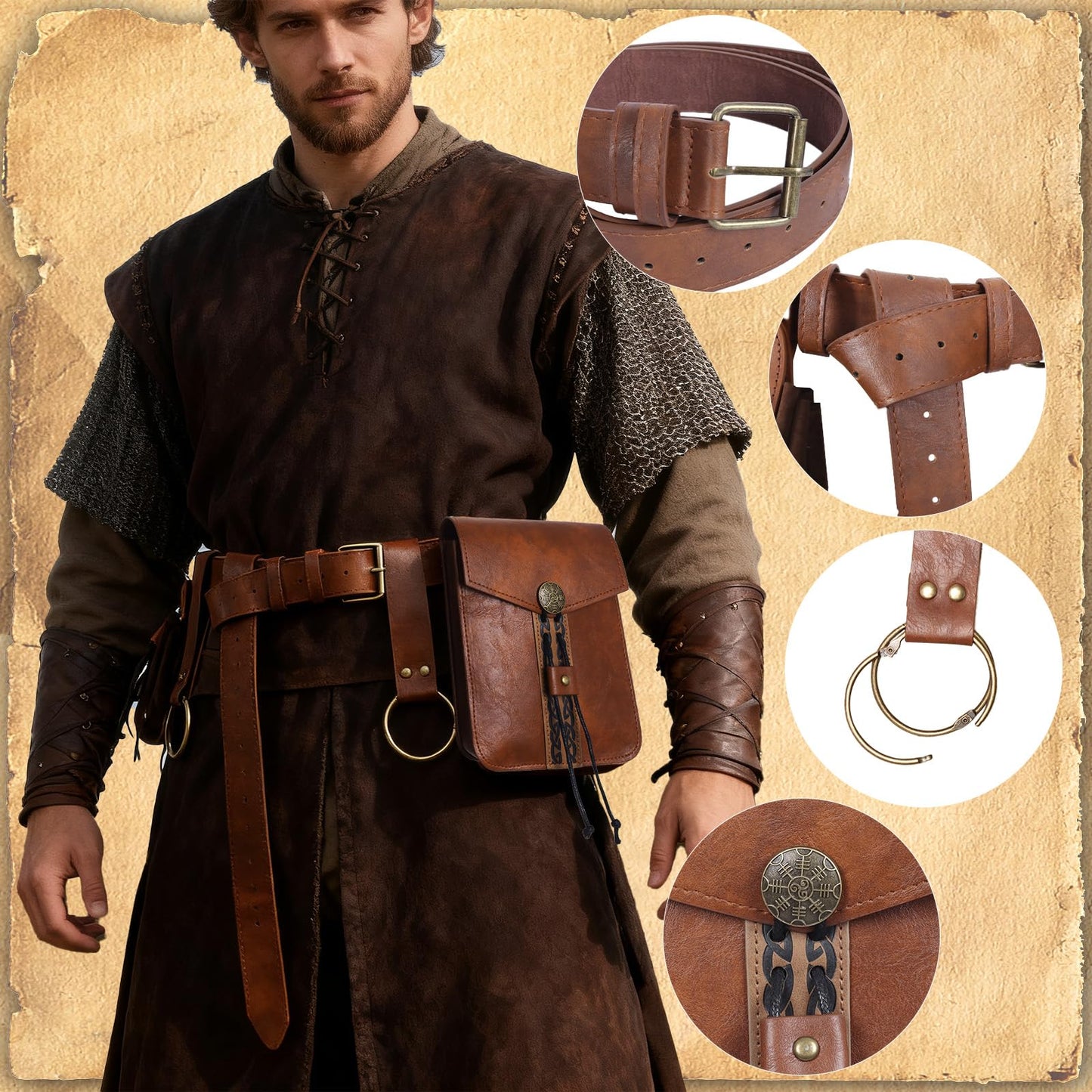 Treature Medieval Belt Pouches - Renaissance Belt Pouch Coin Purse Skirt Hike Set - Medieval Pirate Costume Halloween Cosplay for Ren Faire. (Brown)