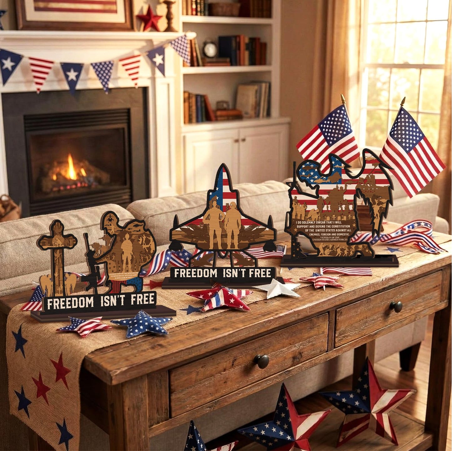 Yuntau 6 Pcs 4th of July Patriotic Table Decorations 250th Anniversary Wood Table Centerpiece American Soldier USA Wooden Tabletop Sign for Independence Veteran Day Shelves Memorial Tiered Tray Decor