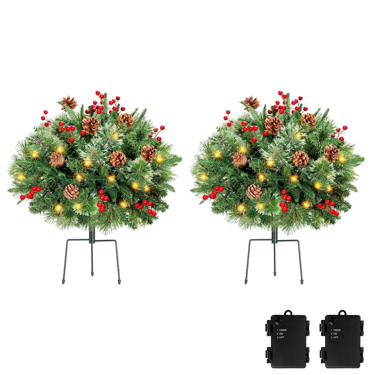 Lewondr Set of 2 Prelit Pathway Christmas Trees, 20.87" Outdoor Christmas Tree with 50 LED Lights, Pine Cones Red Berries, Battery Operated Outdoor Xmas Decor for Yard Home Porch