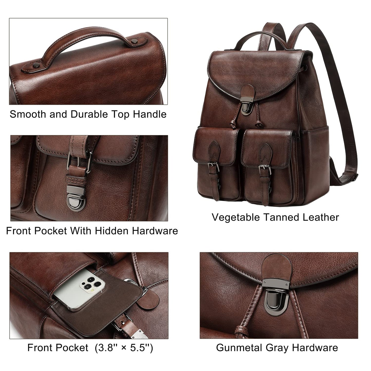 COOLCY Women Vintage Genuine Leather Backpack Purse Fashion Rucksack Practical and Stylish Retro Daypack Bag (Coffee)