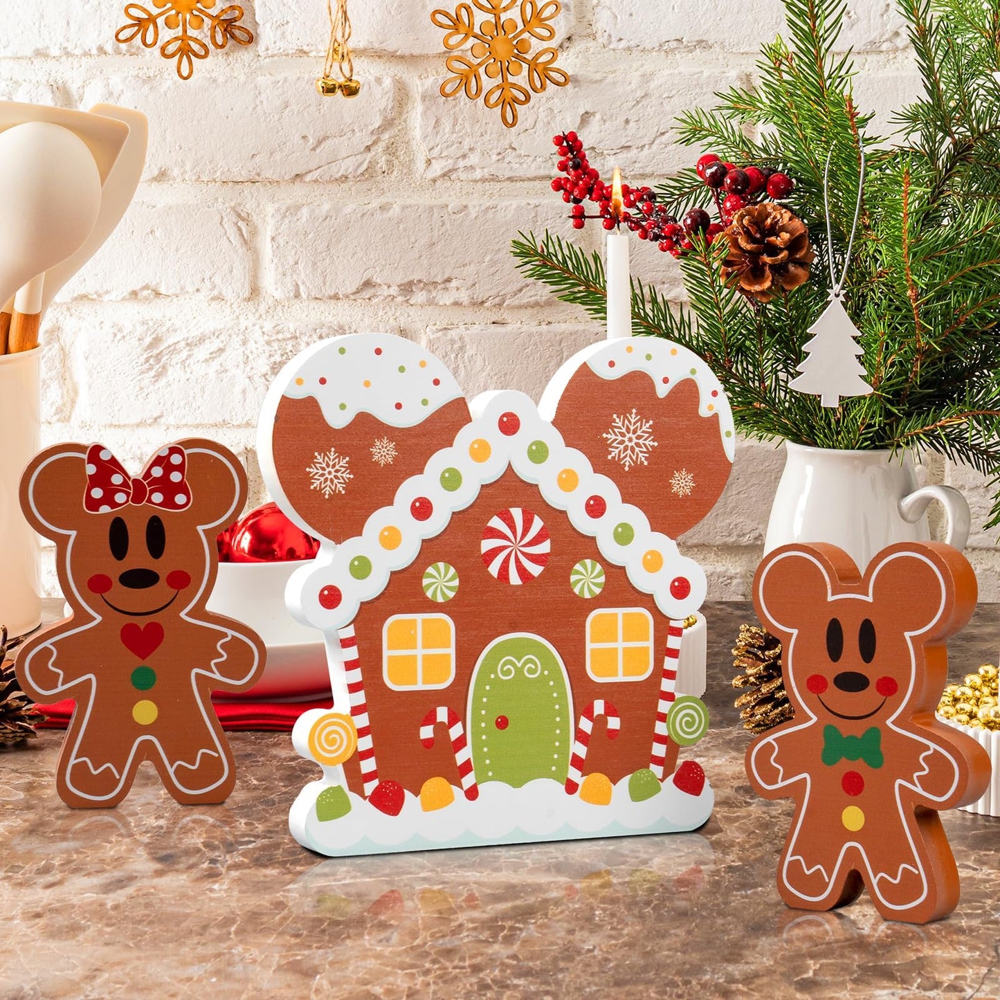 AMUHUA Gingerbread Christmas Table Decoration Set - 3pcs Wooden Gingerbread Mouse Centerpieces Table Decorations for Home Desk Shelf Xmas Party Decor Supplies