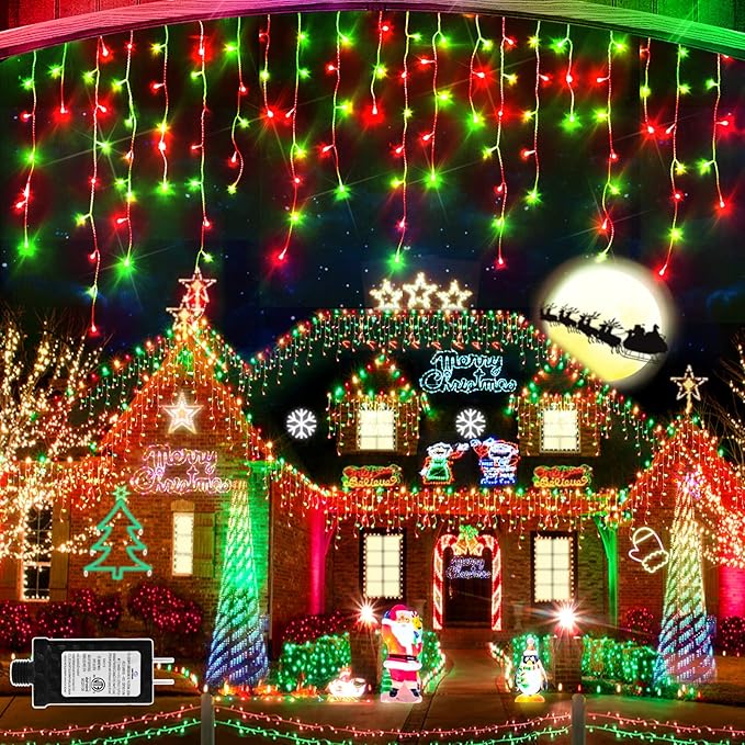 131 FT 1280 LED Christmas Lights Outdoor Decorations Super Long Clear Wire String Lights Plug in 240 Drops 8 Modes Memory Timer Curtain Fairy Lights Waterproof for Holiday Wedding Party-Red and Green