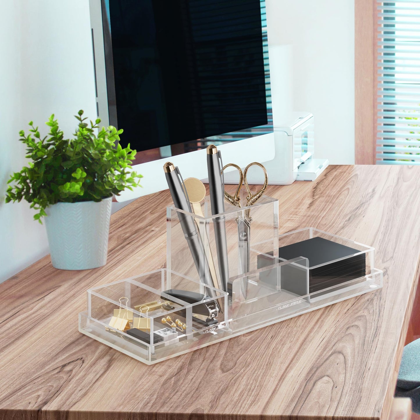 CLASSIC ACRYLIC Paper Clip Holder w/ Adjustable Compartment includes Premium Gift Box. Great Gift for Christmas. Durable & Stylish Desk Organizer for Office Supplies & Sticky Note/Post it Note Holder.