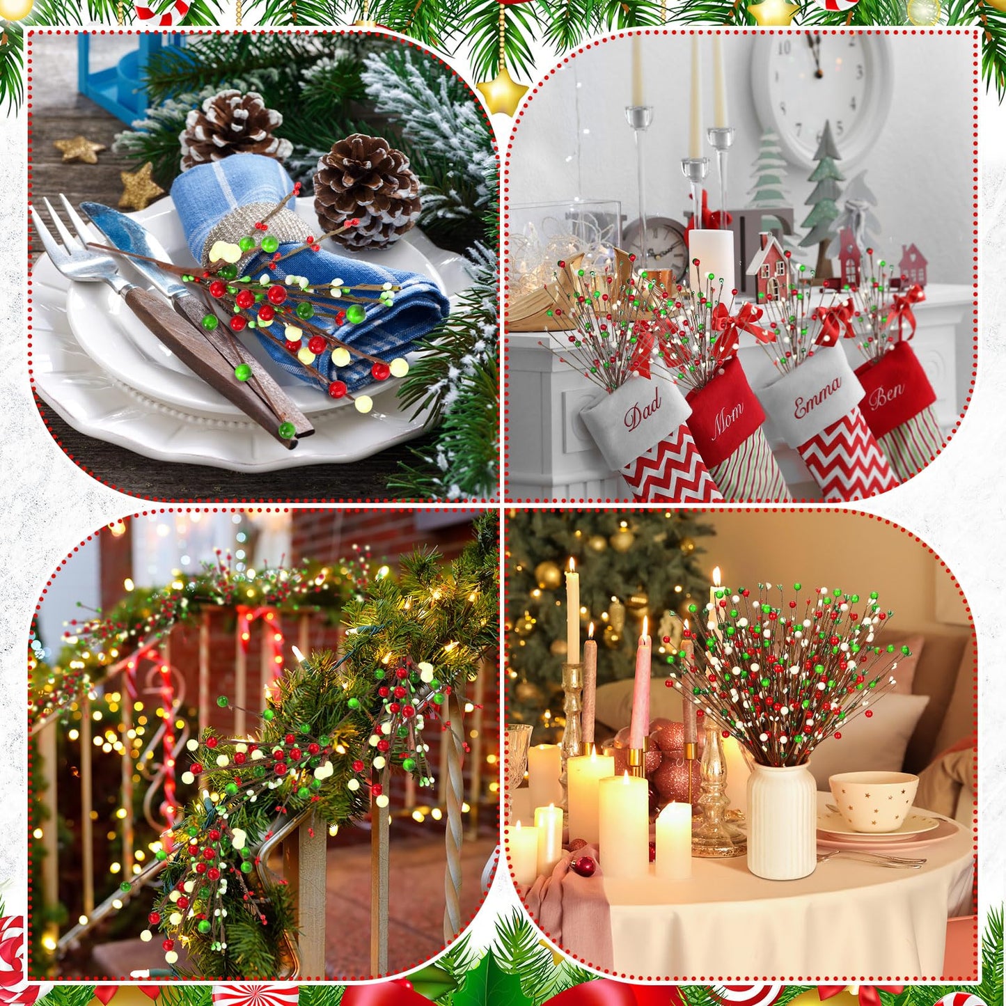 Cindeer 10 Pcs Christmas Floral Picks Berry Red Lime Green White Stem Tree Craft Picks Artificial Berry Spray Fruit Floral Bunch Christmas Tree Branch for Xmas Wreath Vase Home Festival Office Decor