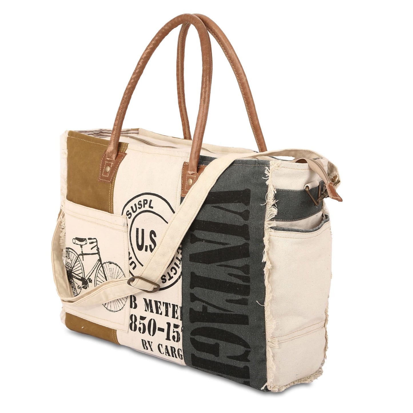 Sel De Mer Upcycled Canvas and leather Hand Bag Cowhide Tote Bag shopping bag carry on leather bag (White)