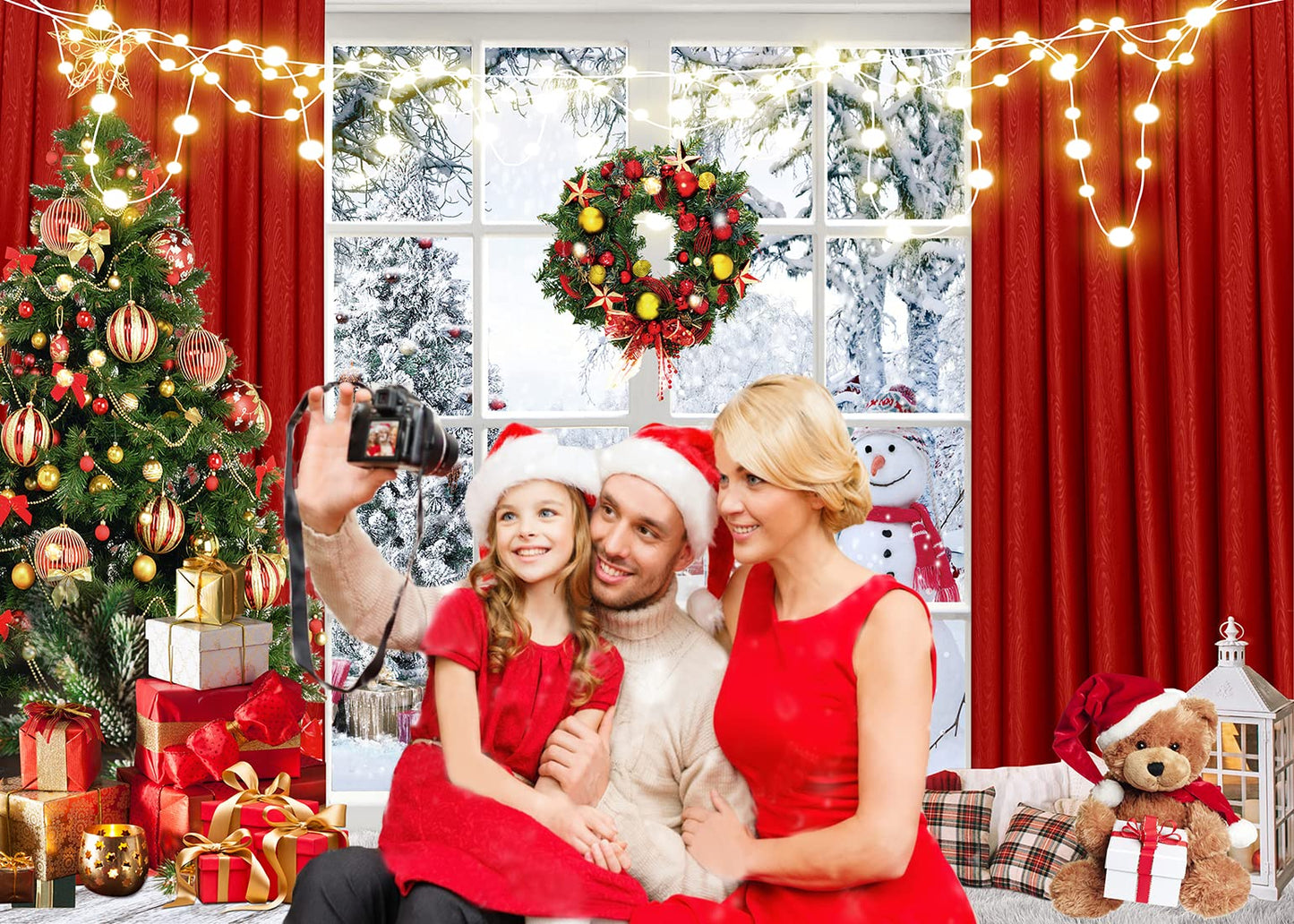 Christmas Window Backdrop 8x6ft Red Curtain Photography Backdrop Winter Xmas Party Banner Decorations Background Xmas Holiday Party Photo Booth D649