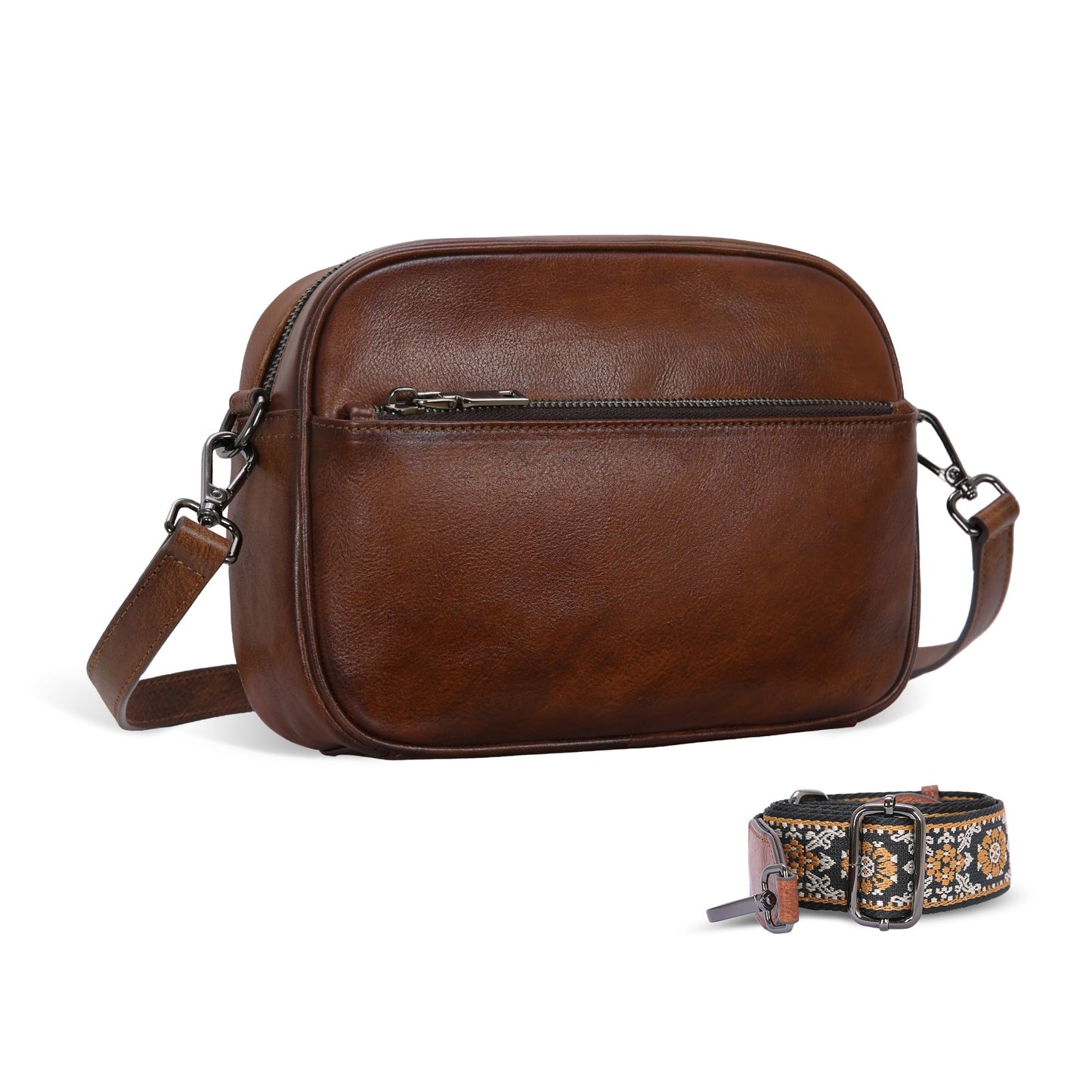 Iswee Crossbody Bags for Women Genuine Leather Shoulder Purse Satchel Bags Leather Purse and Handbags with Adjustable Guitar Strap(Coffee)