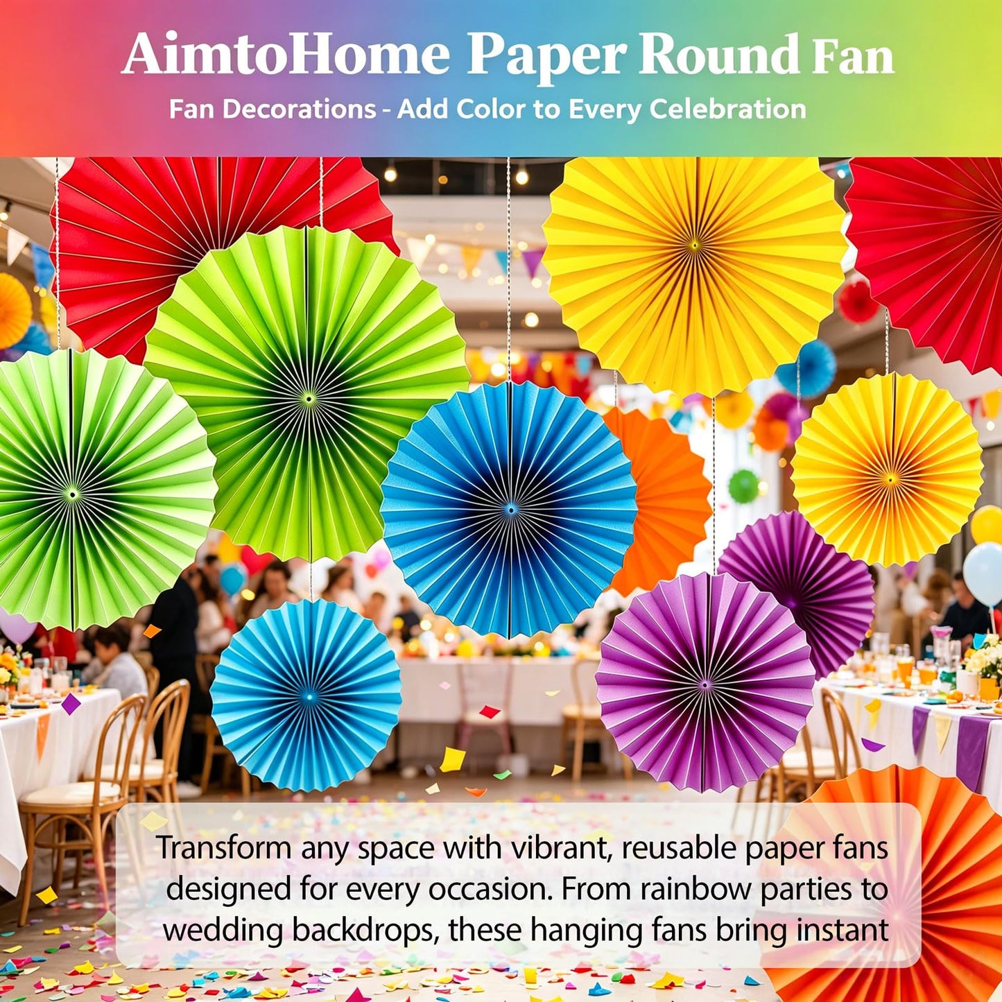 AimtoHome Rainbow Paper Round Fan Decorations,Vibrant Red Green Yellow Blue Orange Purple Hanging Fans, Fiesta Party Decor, Wedding Birthday Backdrop, Back to School Decor, Set of 12, 10", 12"
