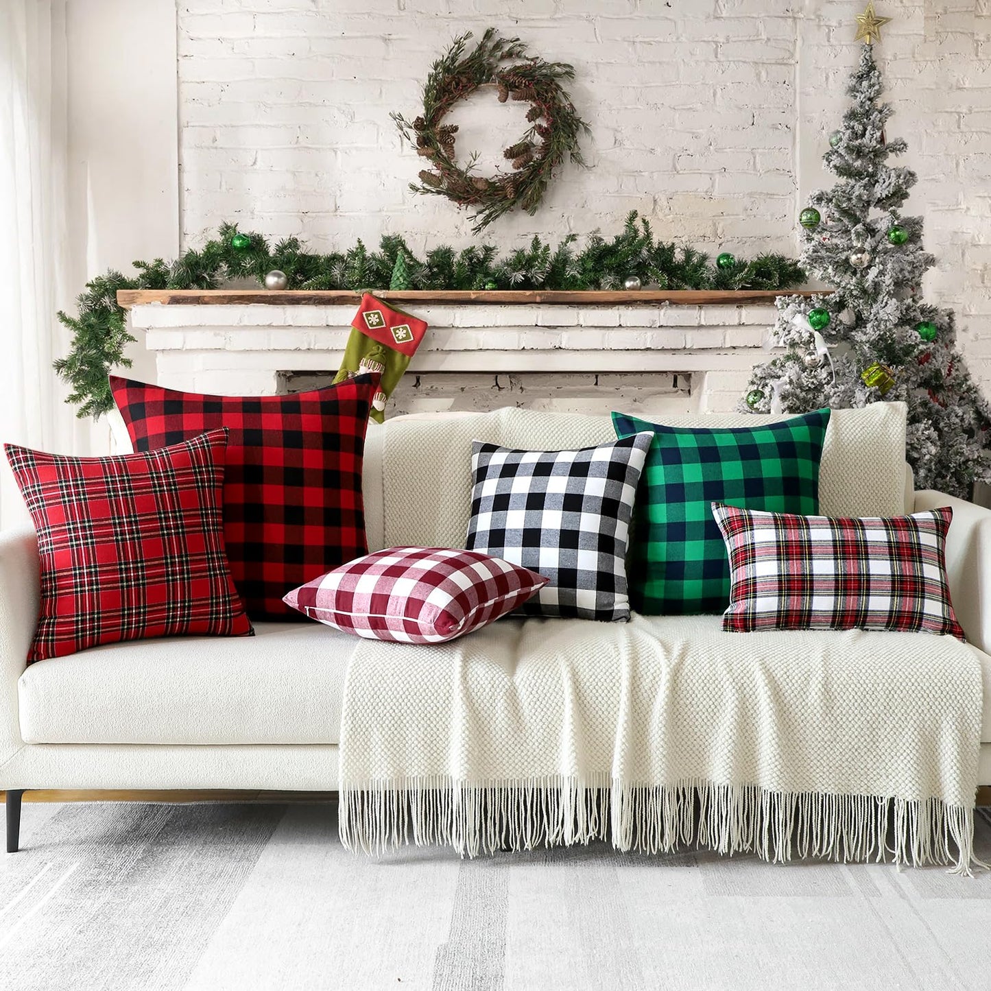OTOSTAR Christmas Scottish Tartan Plaid Throw Pillow Covers Farmhouse Classic Decorative Square Cushion Cases Soft Pillowcases for Decor Sofa Couch 20x20 Inch Set of 2 (Red White)