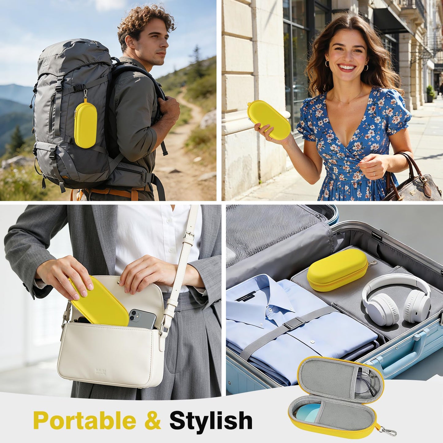 MoKo Double Glasses Case Hard Shell, Portable Travel Eyeglasses Case with Zipper Closure & Metal Hanging Hook, PU Leather Dual Sunglass Organizer for Women, Men, Yellow-Oval