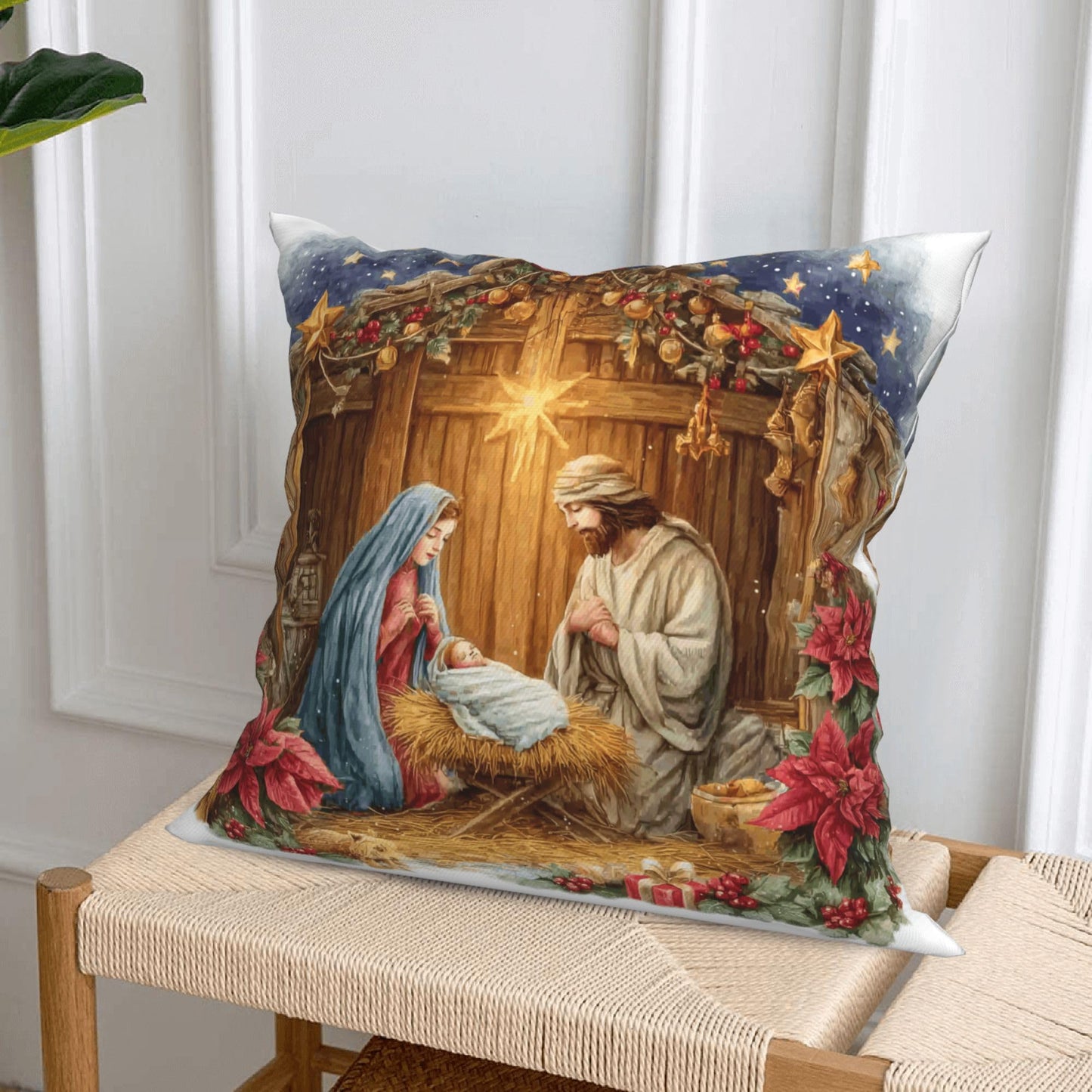 Worltoldb Christmas Bear Deer Throw Pillow Covers Set of 4 Winter Xmas Decorative Soft Linen Fabric Square Cushion Case for Room Bedroom Sofa Car 18x18 (Christmas O Holy Night, 18 * 18)