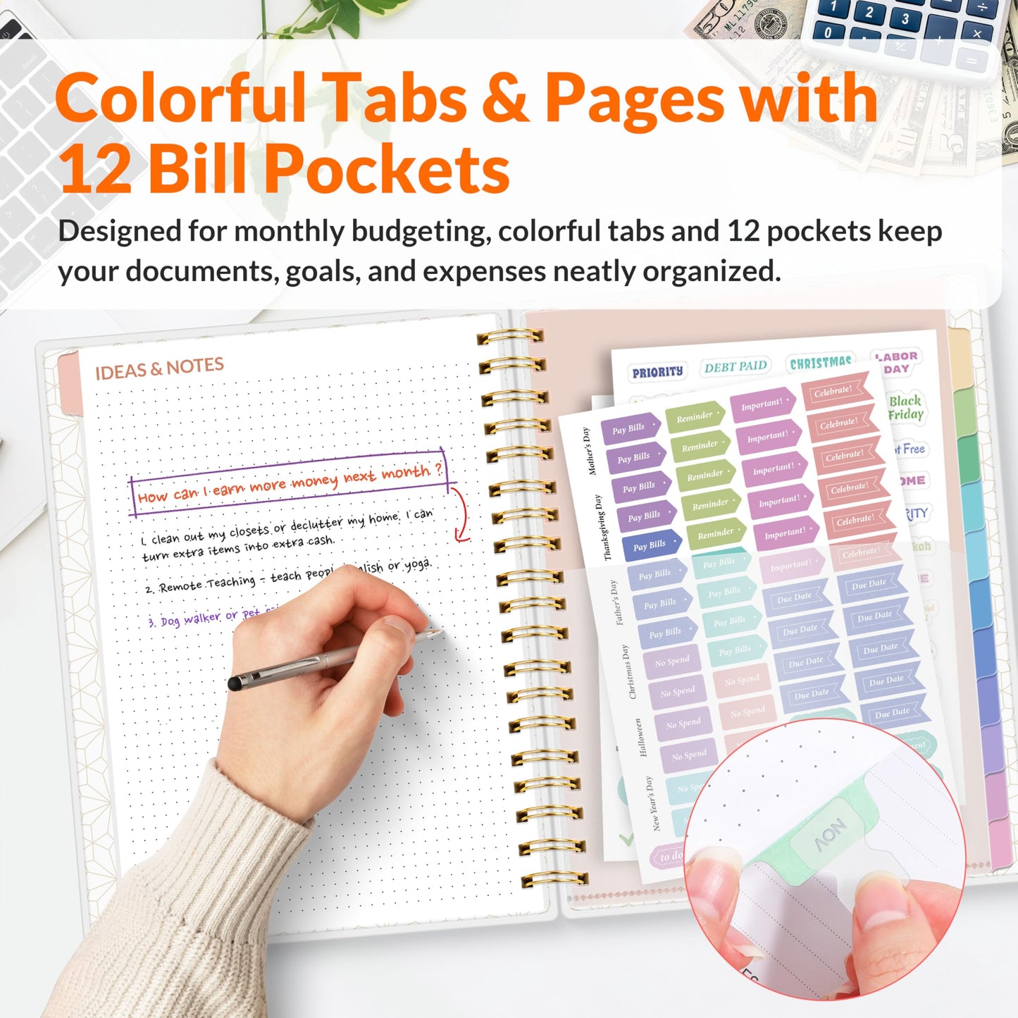 SUNEE Budget Planner - Deluxe Monthly Budget Book with 12-Pockets for Bill Organizer, Undated 12 Month Expense Tracker Notebook & Account Book B5 Size (8" x 10") to Manage Your Finance Planner, Black