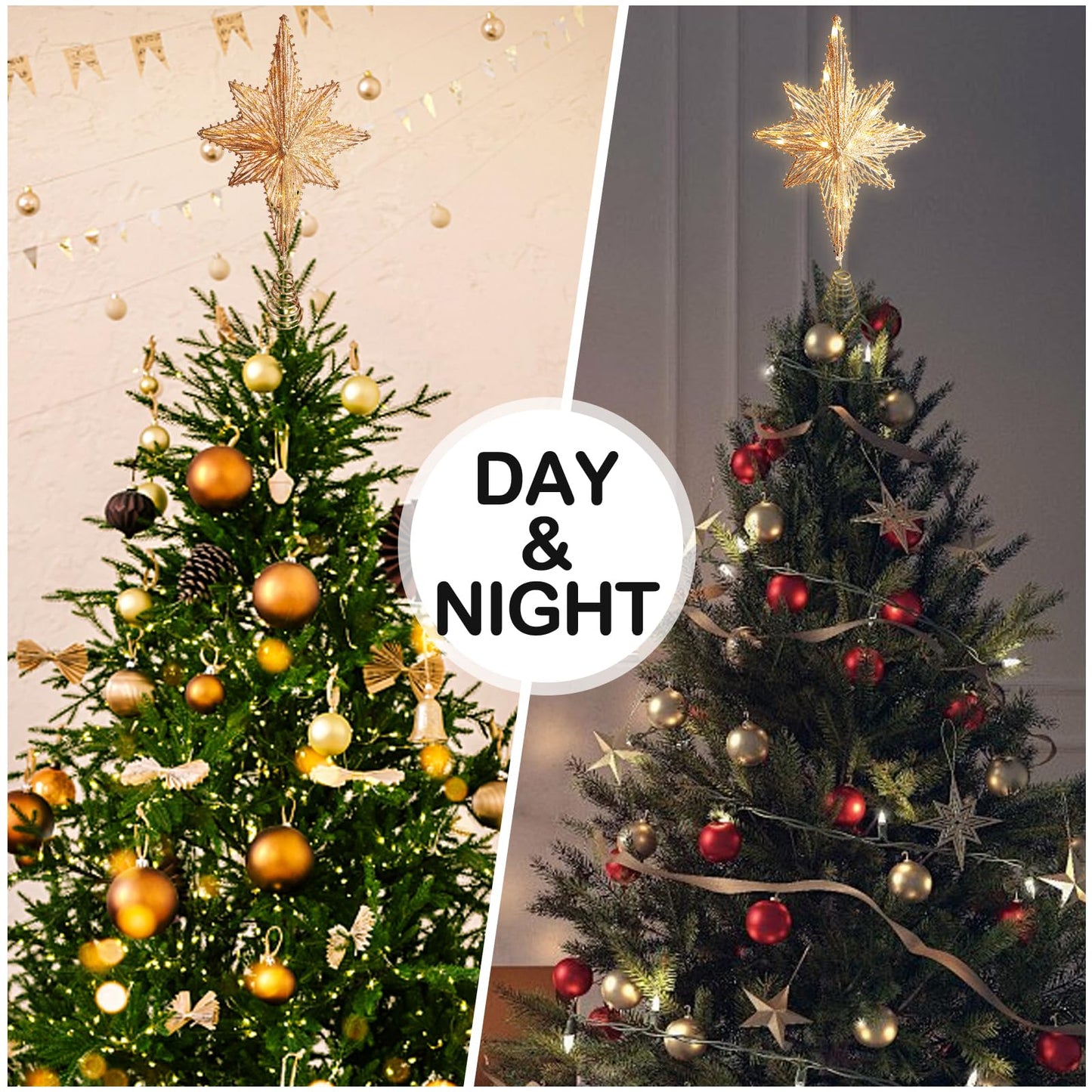 Christmas Tree Topper 15" Golden Glittered Star Tree Topper with 30 LED Lights Xmas Tree Topper Star for Xmas Decorations Ornaments Holiday Party Indoor Decor