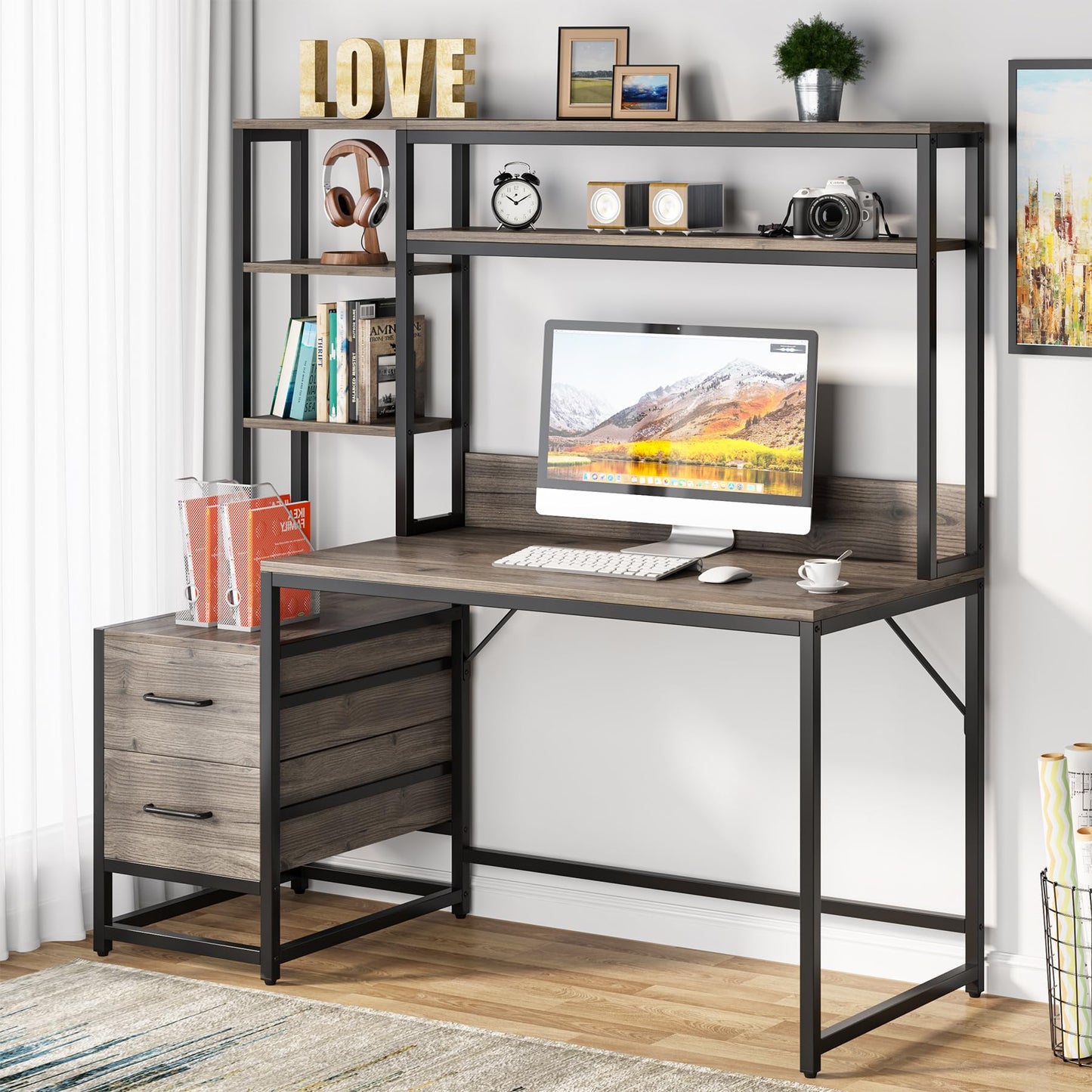 Tribesigns 55 Inch Computer Desk with 2 Drawers and Storage Shelves, Rustic Office Desk with Hutch, Study Writing Gaming Table Laptop Workstation for Home Office (Grey)