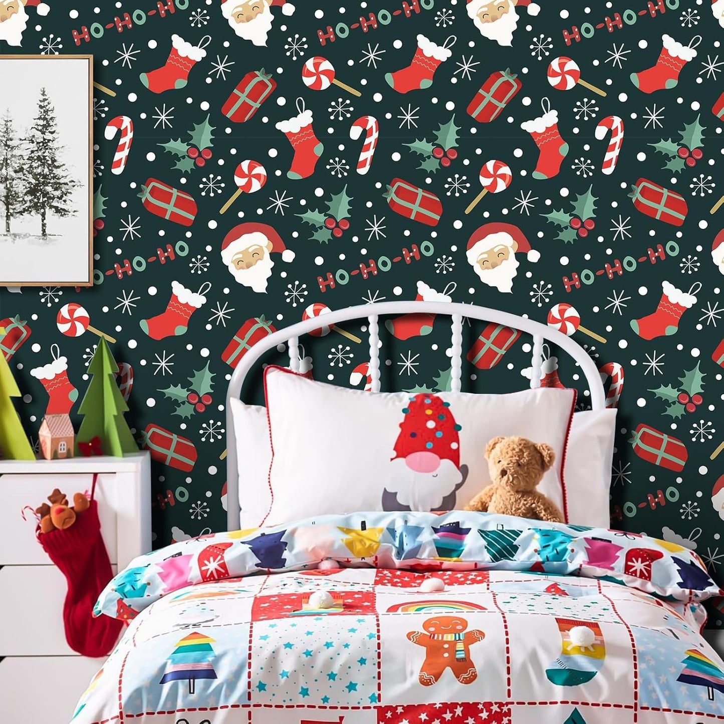 TOARTi HO-HO-HO Christmas Wallpaper Peel and Stick Christmas Contact Paper for Cabinets Bedroom Xmas Backdrop for Winter New Year Xmas Party Decoration