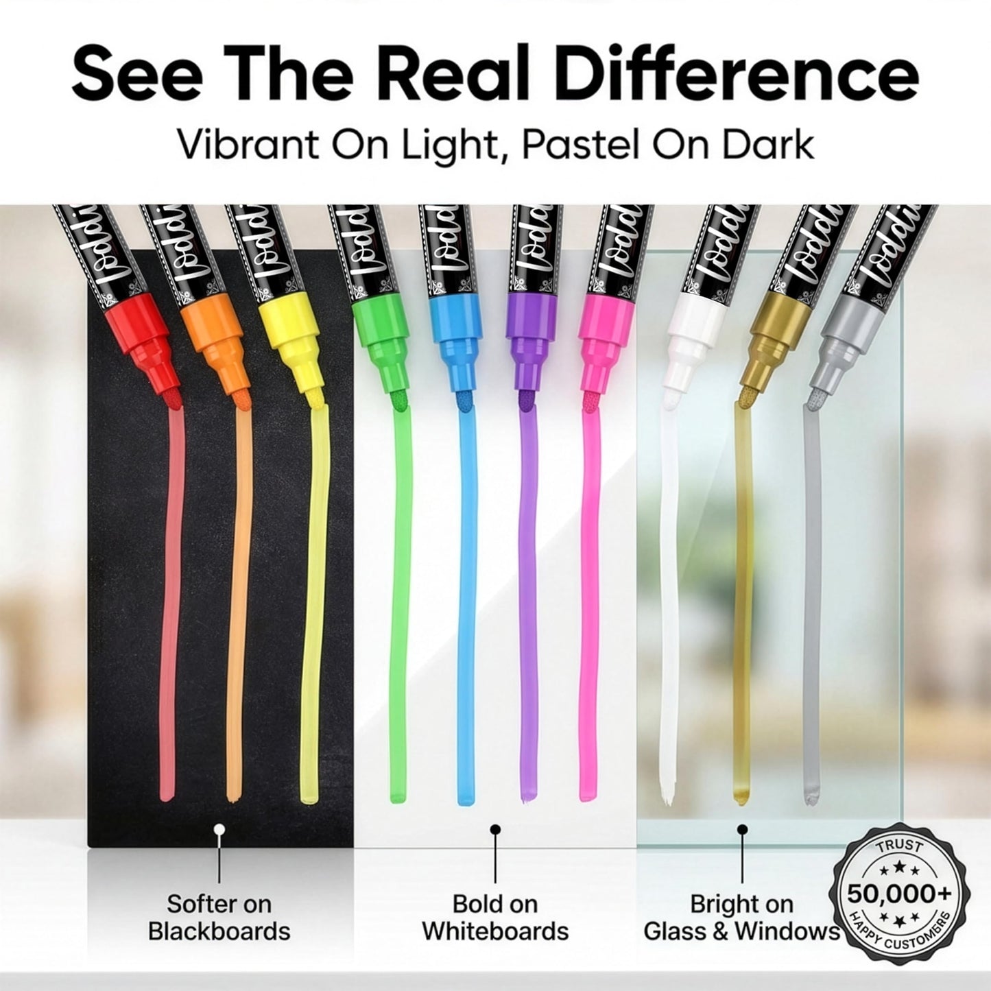 Loddie Doddie Chalk Markers - Pack of 24, 6mm Reversible Tips - Liquid Chalk Pens for Glass Surfaces & Windows - Erasable Pens for Chalkboard Calendar - Non-Toxic Chalkboard Markers