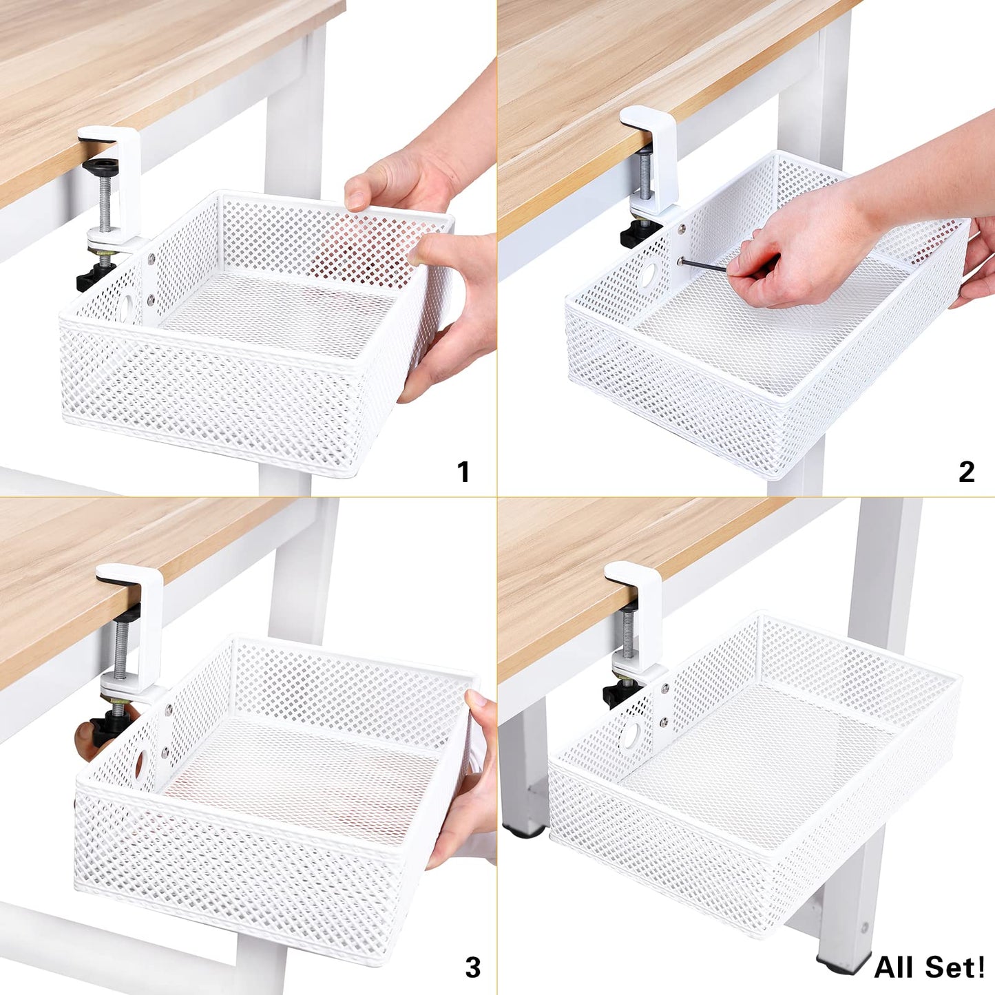 Euyona Mesh Desk Organizer and Clamp-on Swivel Pencil Drawer, Desk Hidden Desk Organizer Extra Sturdy C-Clamp Mount System and Easy to Instal, Home Office Art Supply Storage Box (White)