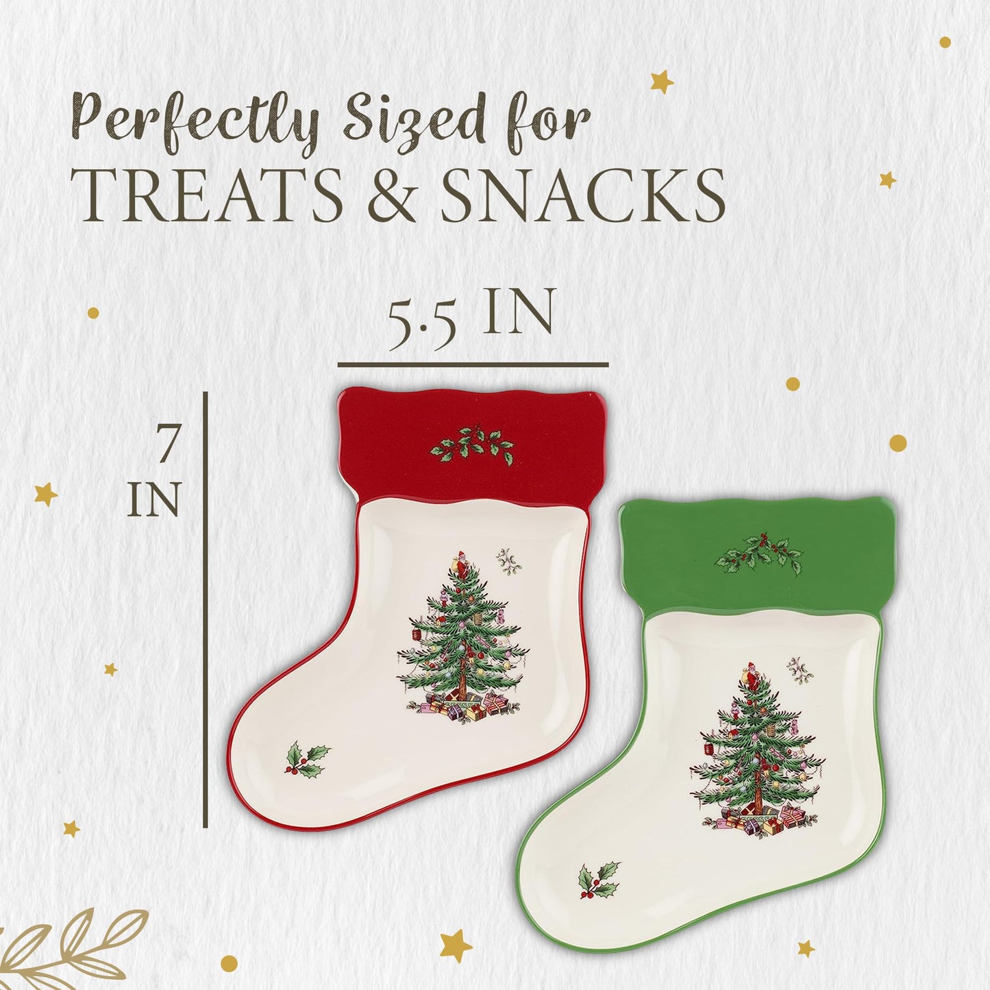 Spode Christmas Tree Stocking Dishes (Set of 2) - Red & Green Serving Platters, Candy Trinket Tray, 7" Fine Earthenware Plates, Dishwasher Safe Holiday Tableware for Seasonal Gatherings