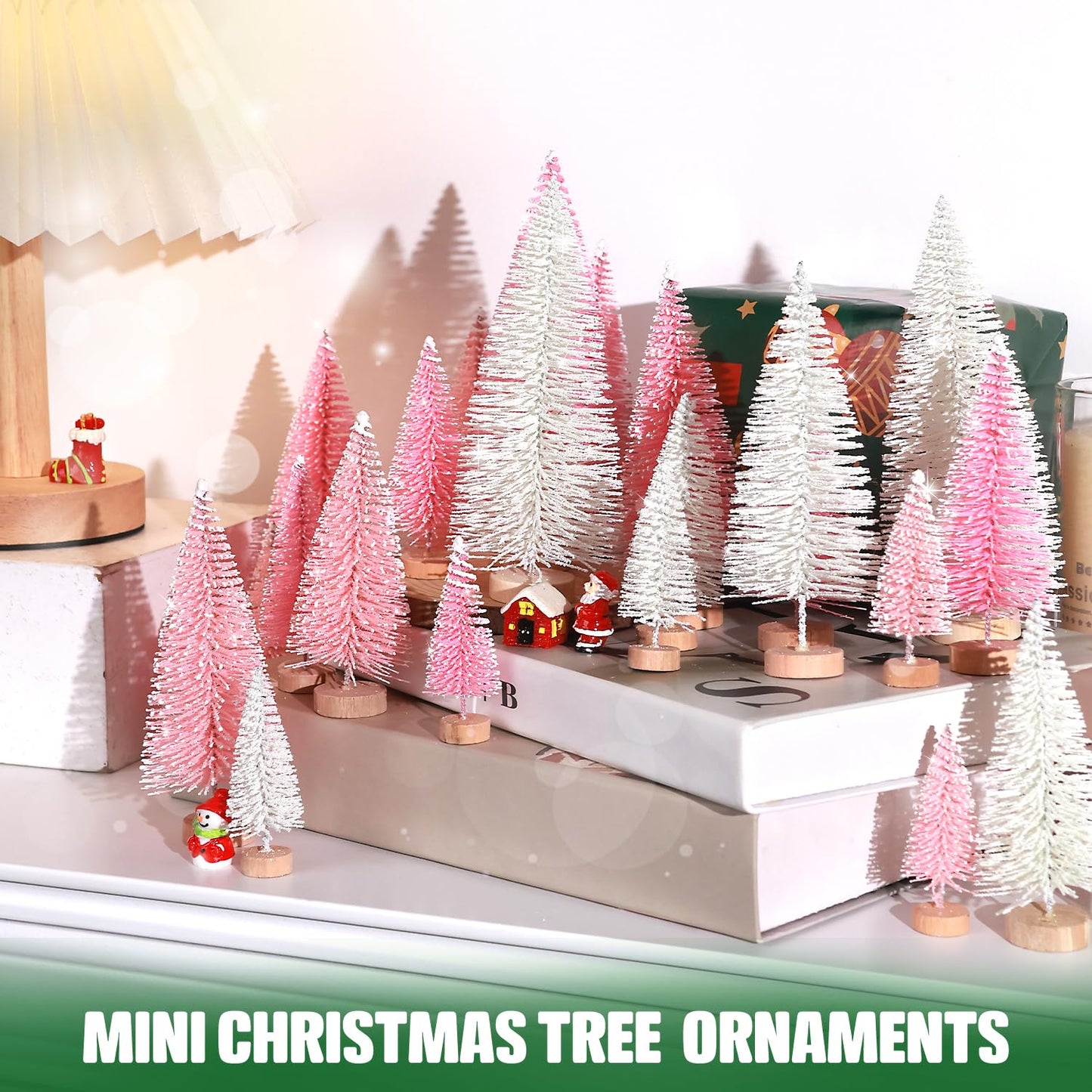 30Pcs Mini Christmas Trees Artificial Christmas Tree Bottle Brush Trees with Wooden Base for Christmas Decor Christmas Party Home Table Craft Decorations(Pink+White)