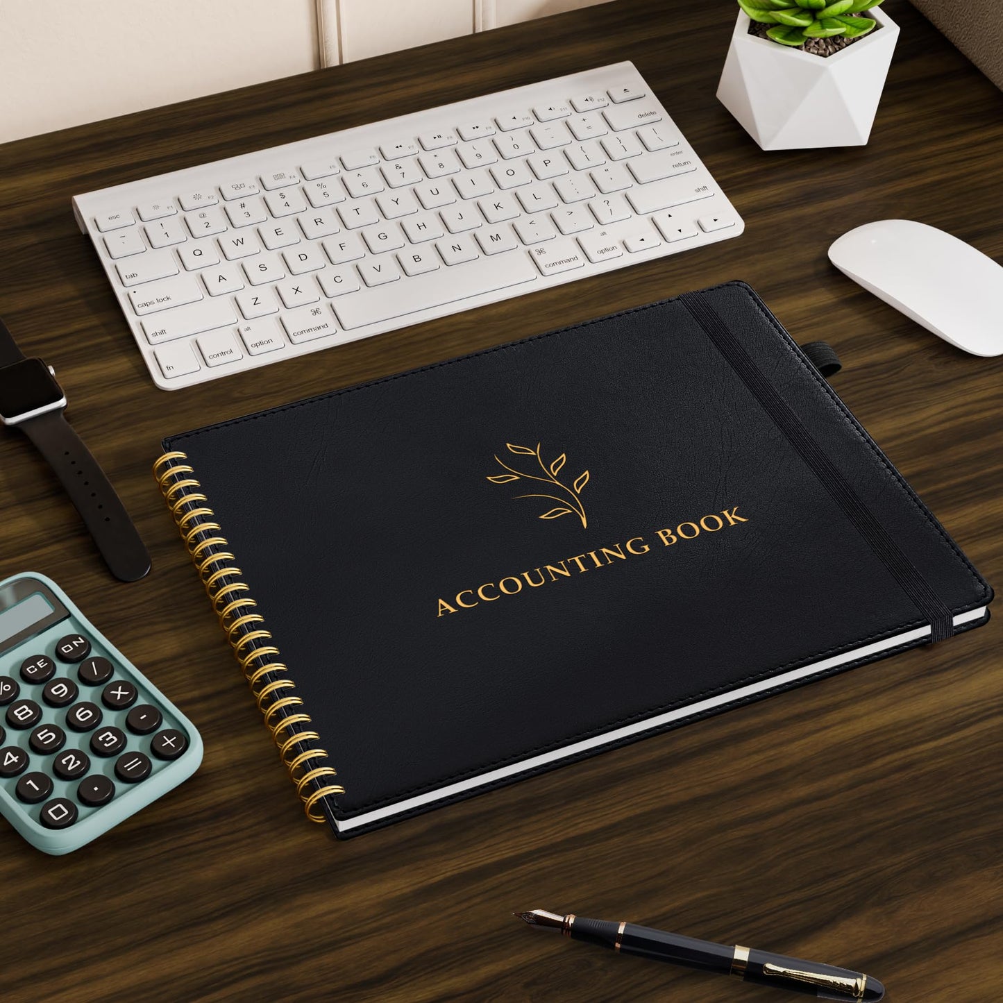 AKONEGE Accounting Ledger Book for Personal & Small Business Bookkeeping, Horizontal Income and Expense Tracker Notebook with Calendar, Hardcover Columnar Log Journal 10.78'' x 8'', Black