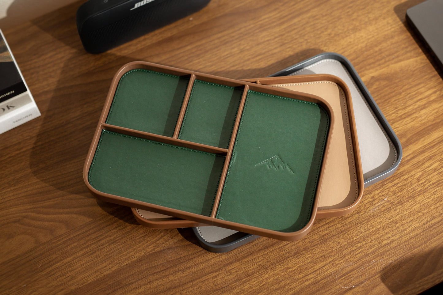 MUUJEE Leather Catchall Multitray (Design 3) - 11.65 x 7.75 x 0.8, Nightstand Entryway Bedside Dump Tray Valet Organizer for Keys Phone Wallet Watch Glasses Pens, Office Desk Accessory for Men, Green