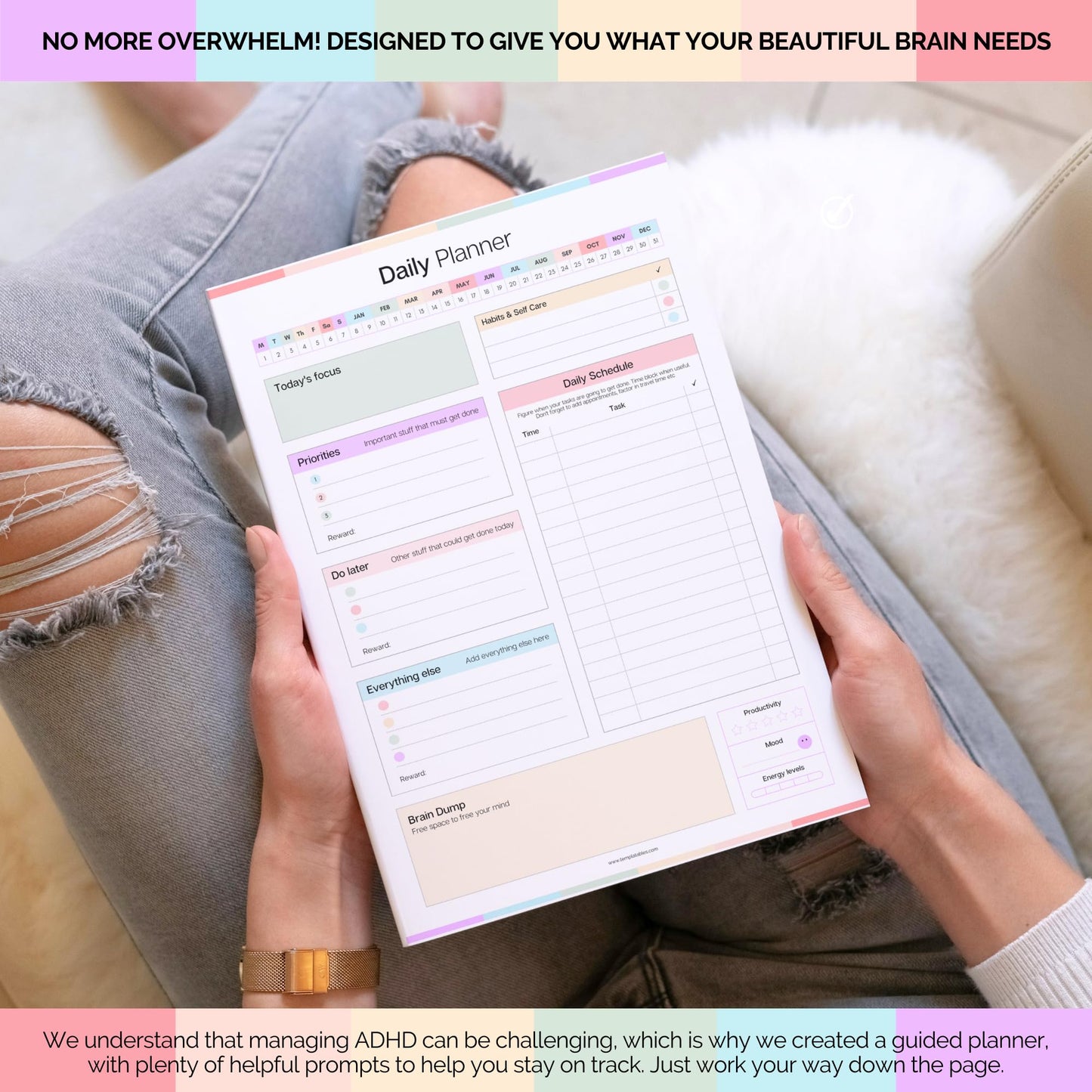 ADHD Daily Planner Notepad for Neurodivergent Adults - Productivity Daily Planner Desk Pad & Task Management to Stay Organized and Focused Note Pad (Rainbow, A4 Portrait)