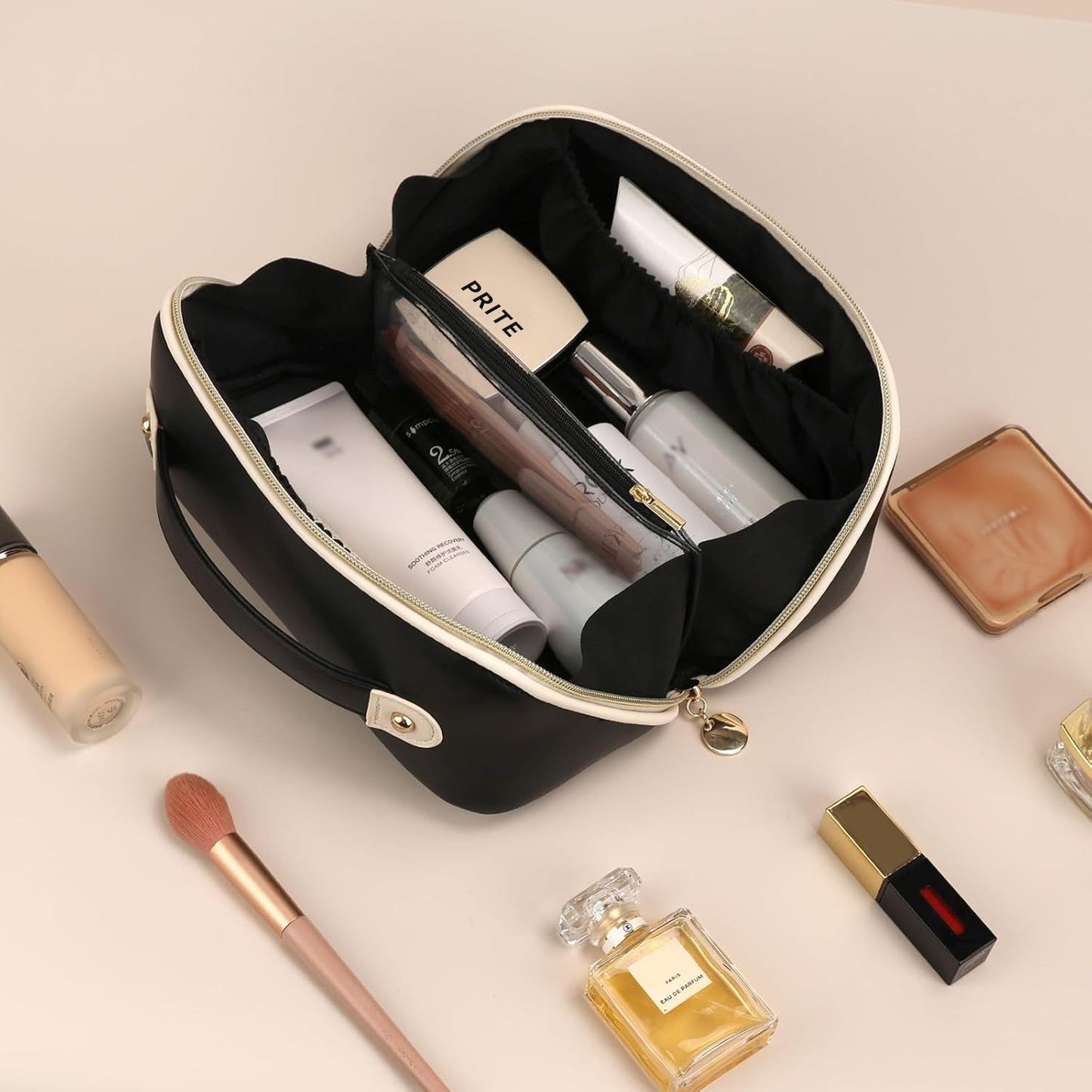 Prite Makeup Bag for Women Travel Waterproof Vegan Leather Cosmetic Bag Open Flat Toiletry Bag With Clear Divider and Handle (Black, Medium)