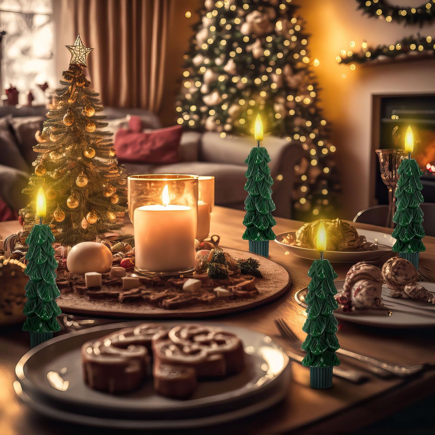 Funtery 6 Pcs Short LED Christmas Tree Flameless Taper Candles - 5 Inches Cute Small Real Wax Battery Operated Green Candlestick Lights with 3D Flame and Remote Timer for Window Fireplace