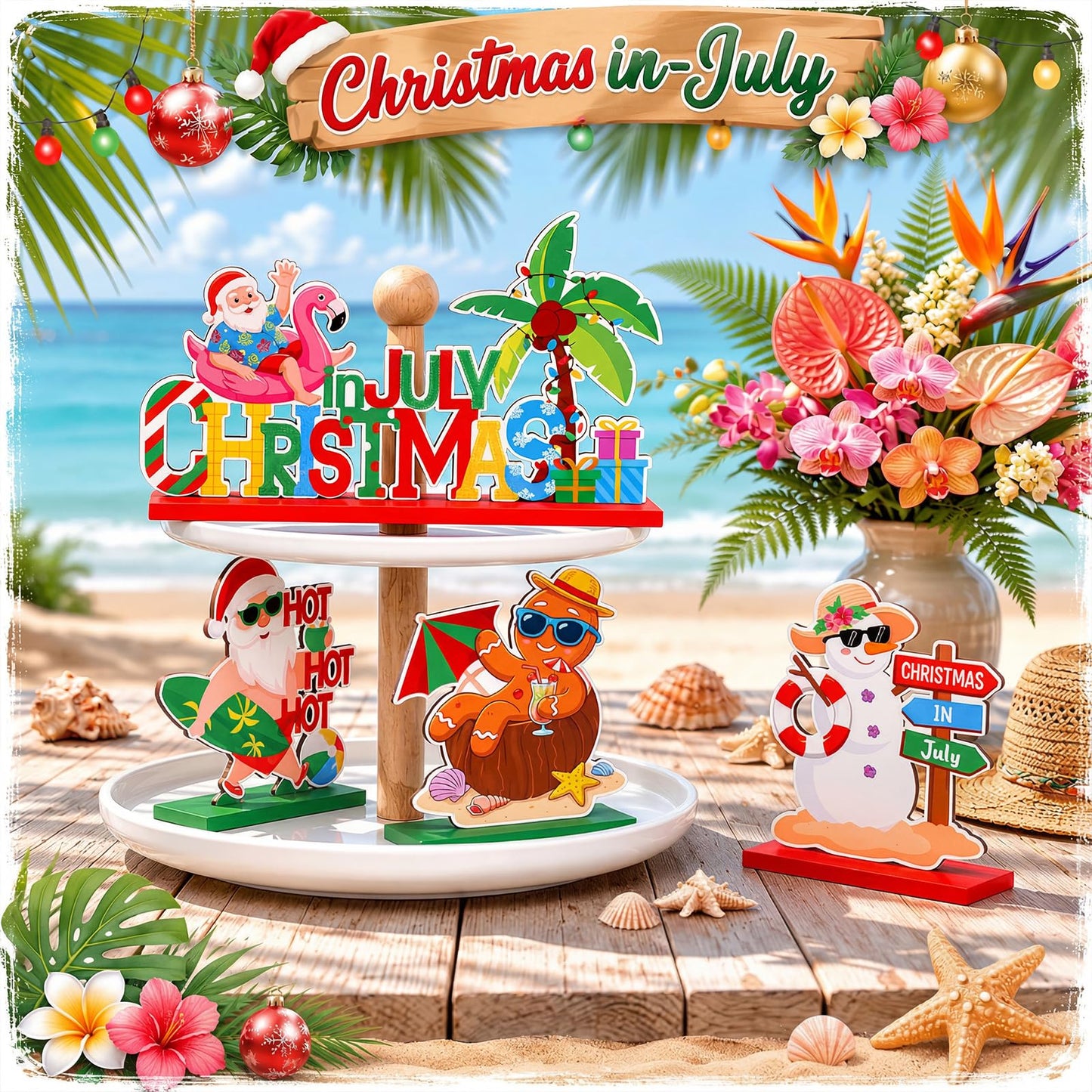 Qunclay 6 Pcs Christmas in July Table Decor - Wooden Snowman Santa Gingerbread Man Elk Table Signs for Summer Christmas in July Party Decorations Supplies