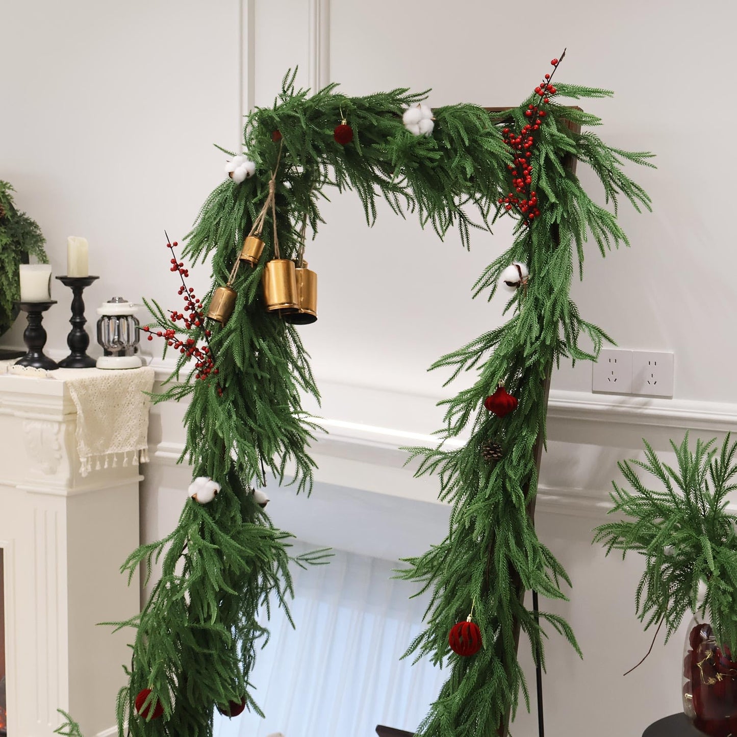 9FT Christmas Garland Norfolk Pine Garland Real Touch Artificial Greenery Garland for Mantle Fireplace Table Indoor Outdoor Holiday Decortions