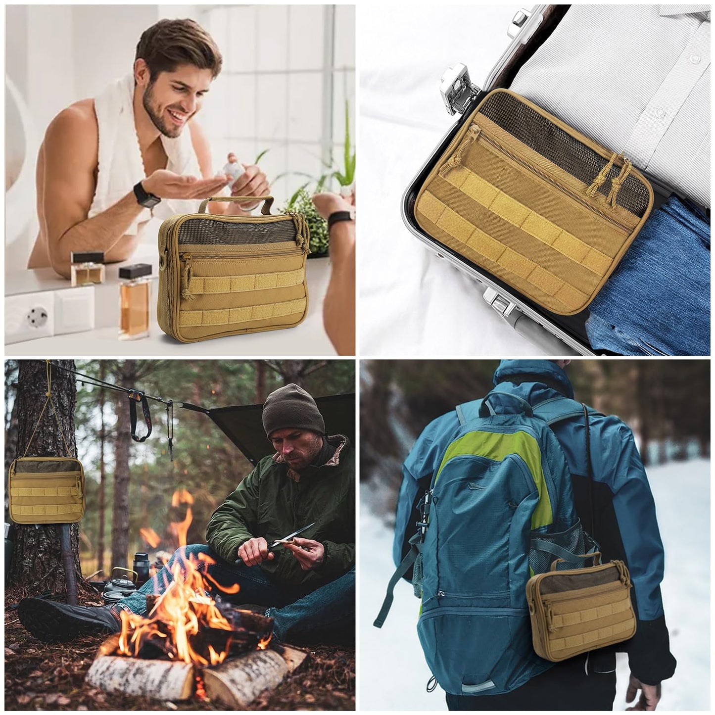 SUNRISING Tactical Travel Toiletry Bag for Men and Women, Hanging Travel Toiletry Organizer Dopp Kit, Toiletries Shaving Hygiene Bathroom Bag,Men's Toiletry Bag for Short Trips Camping - Khaki