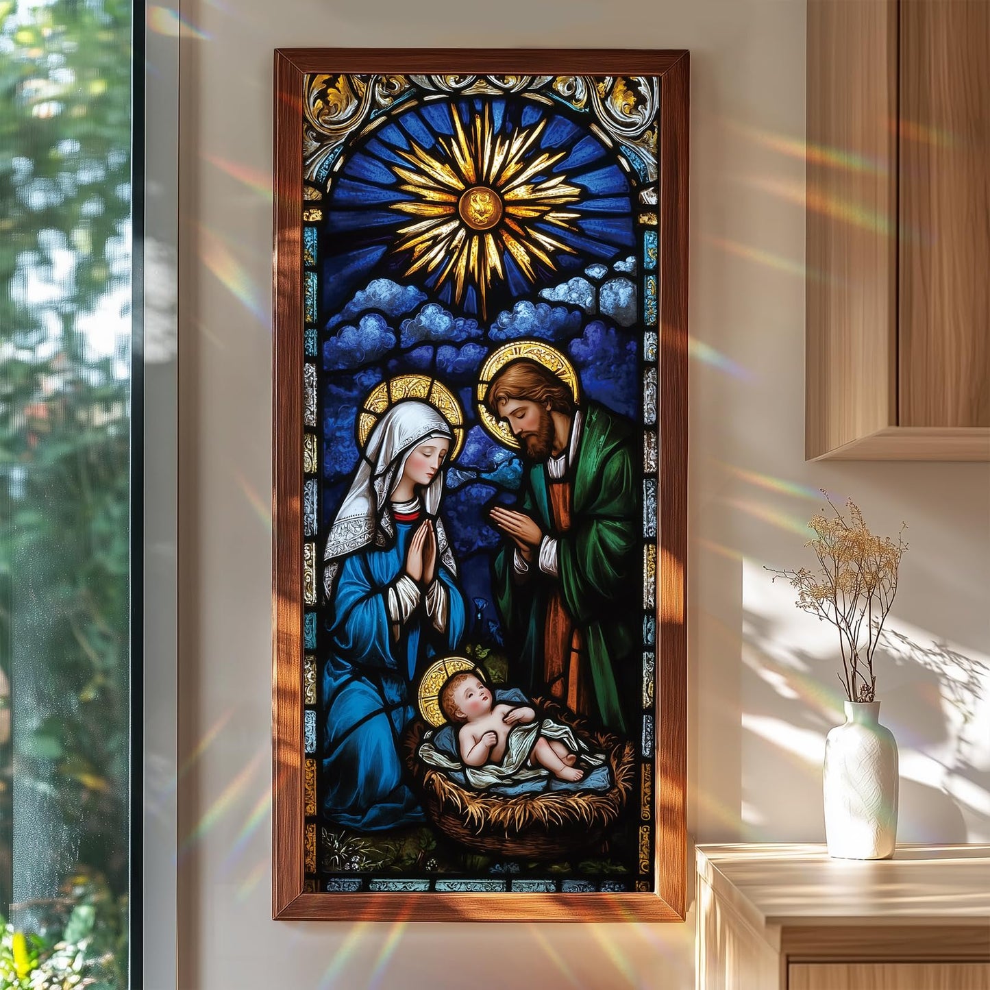 Window Film 17.3 x 39.3 Inch Christmas Nativity Scene Privacy Glass Sticker Stained Glass Style Decorative Window Covering with Holy Family Baby Jesus Self Adhesive Removable for Holiday
