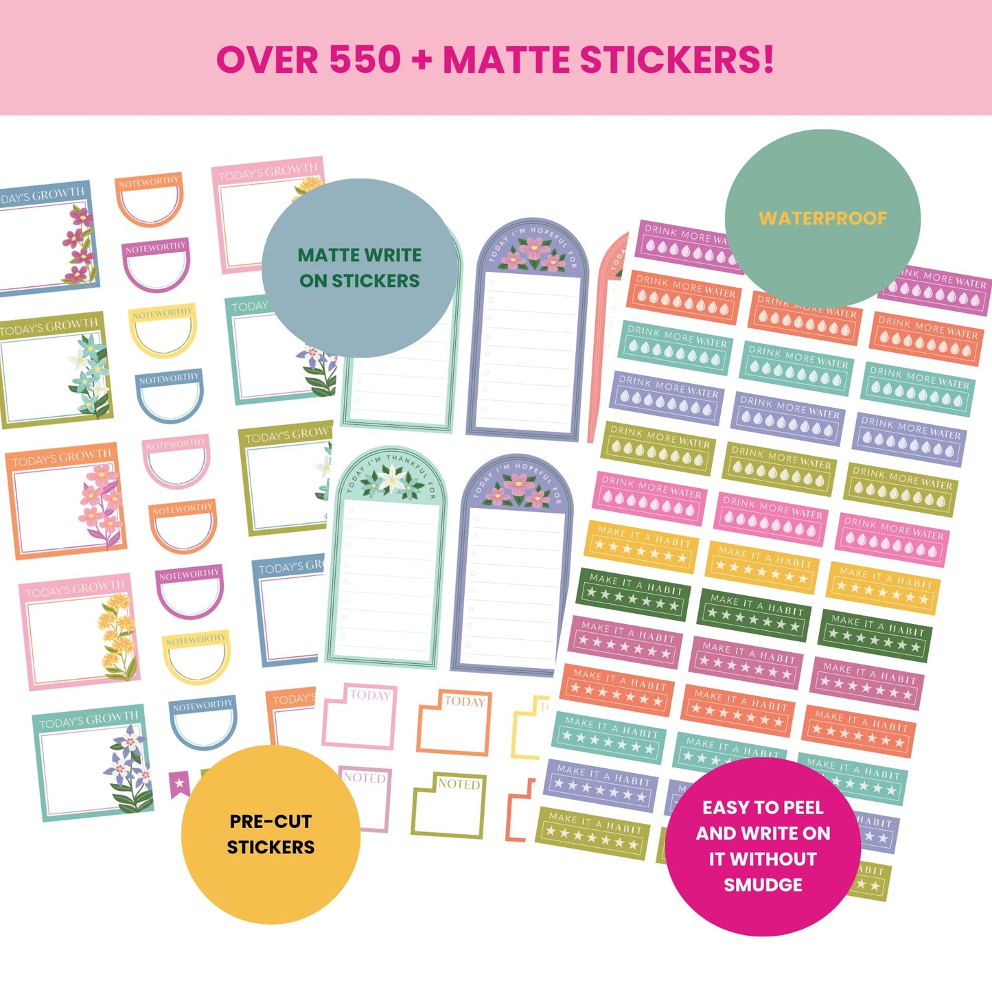 Wellness Sticker Book for Planners — 25 Sheets, 550+ Stickers | Habit Trackers, Motivational Quotes, Gratitude & Goal Trackers, Florals & Decor| Stickers for Planners, Journals & Scrapbooks