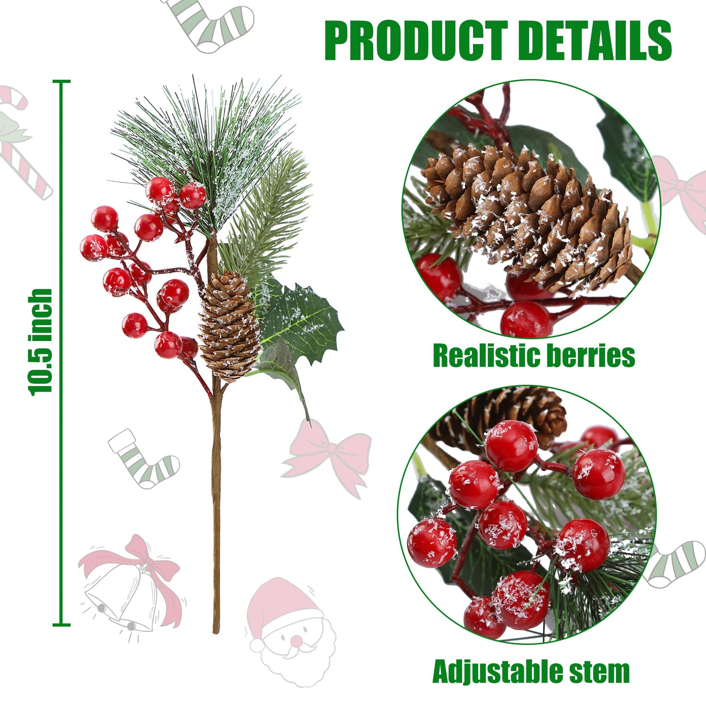 Sggvecsy 6 Pack Snow Frosted Christmas Berries Pine Picks Artificial Red Berry Pine Branches Frosted Faux Pine Stem with Pine Cones Holly Berry Leaves for Xmas Tree Wreath DIY Craft Holiday Decor