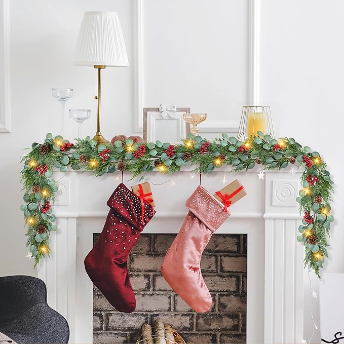 6FT Christmas Garland with Lights Artificial Pine Cypress Eucalyptus Garland with Red Berries Christmas Tips Cedar Garlands,Christmas Decorations Holiday Indoor Outdoor Winter Garland