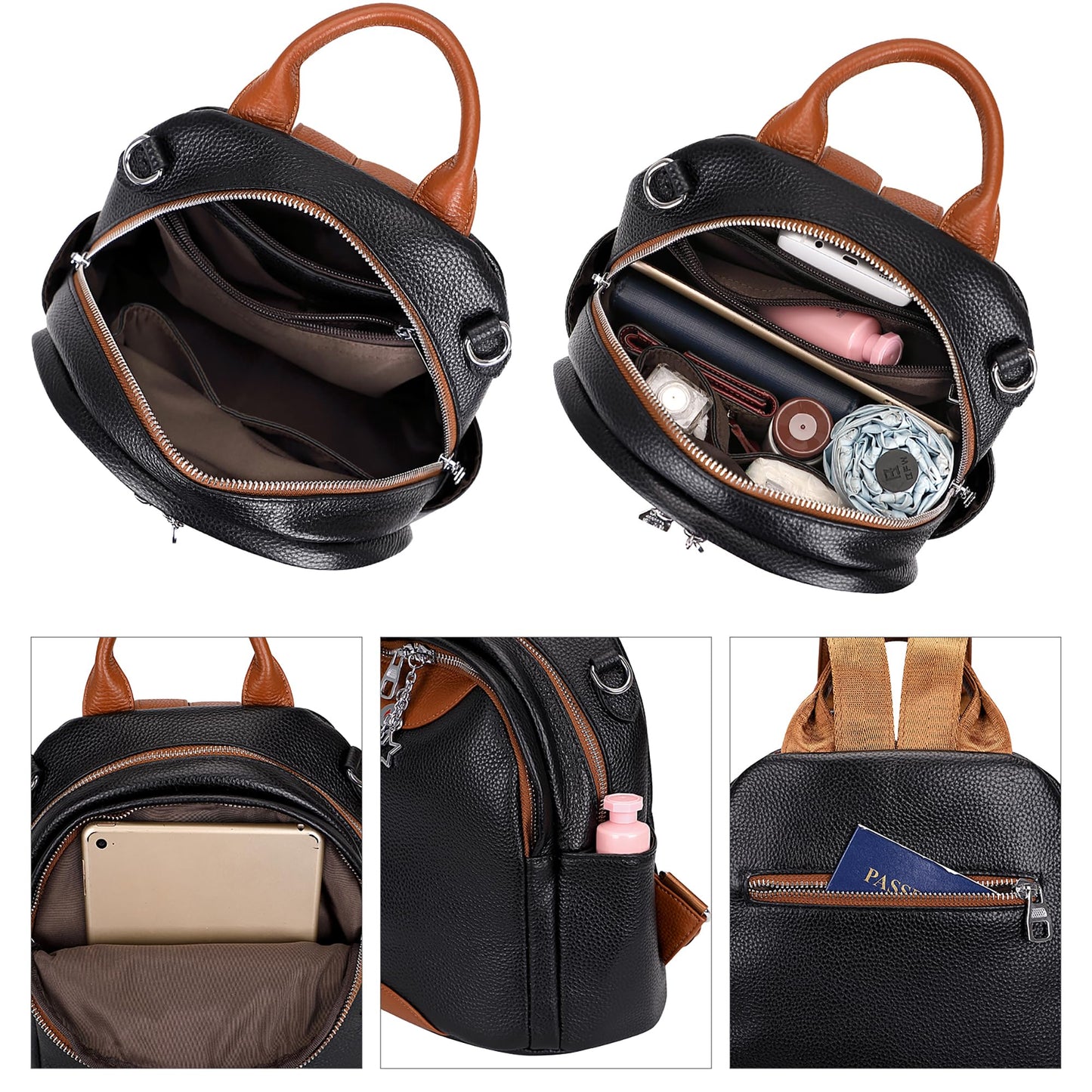 ALTOSY Soft Genuine Leather Backpack for Women Small Convertible Backpack Purse Shoulder Bag for Ladies (S97 Black/Brown)