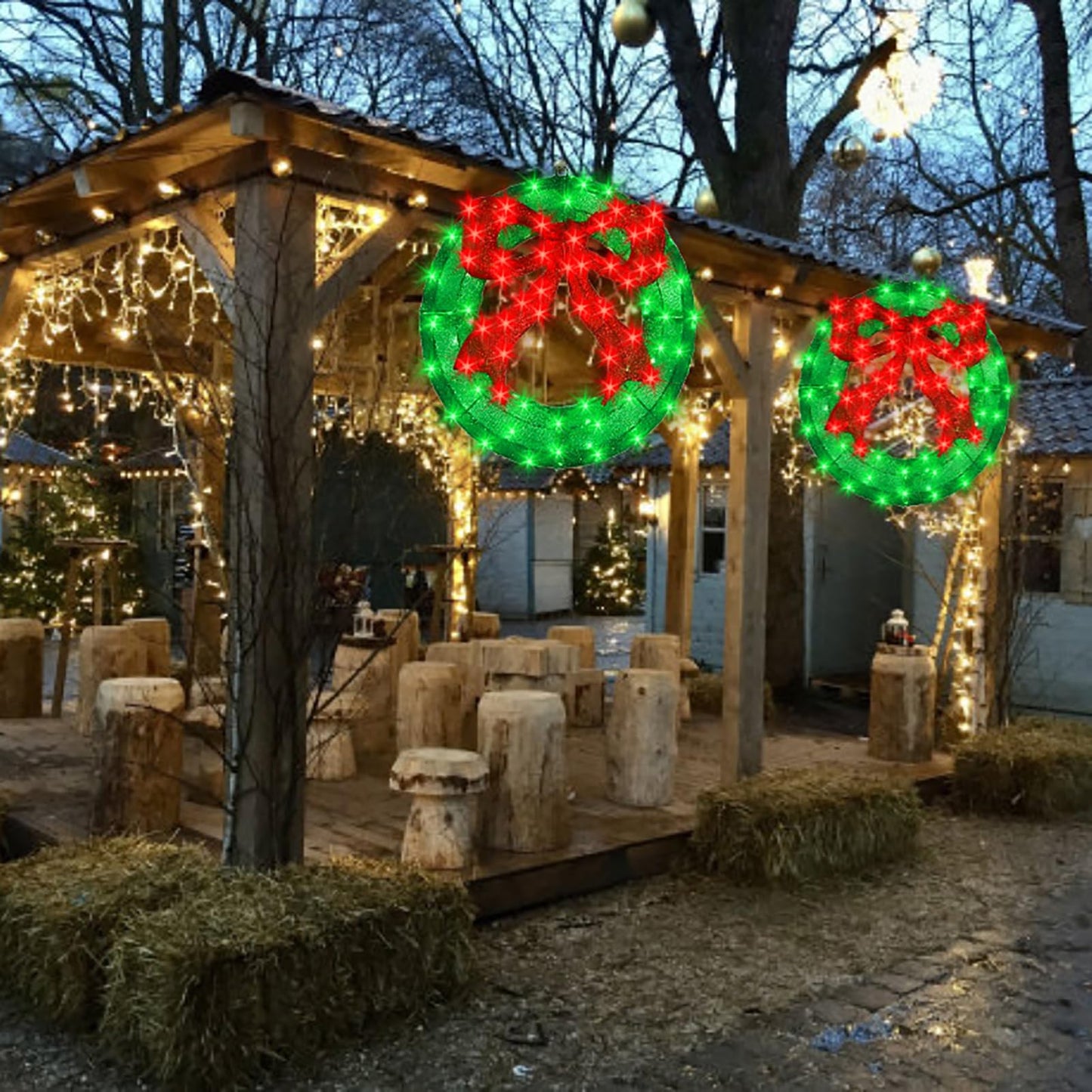 Outdoor Christmas Wreath Decoration - 36" Bright LED Christmas Wreath Lights with Bow, Large Lighted Christmas Wreaths Window Lights for Wall, Windows, Front Door Decor, Red Bow - Green Wreath