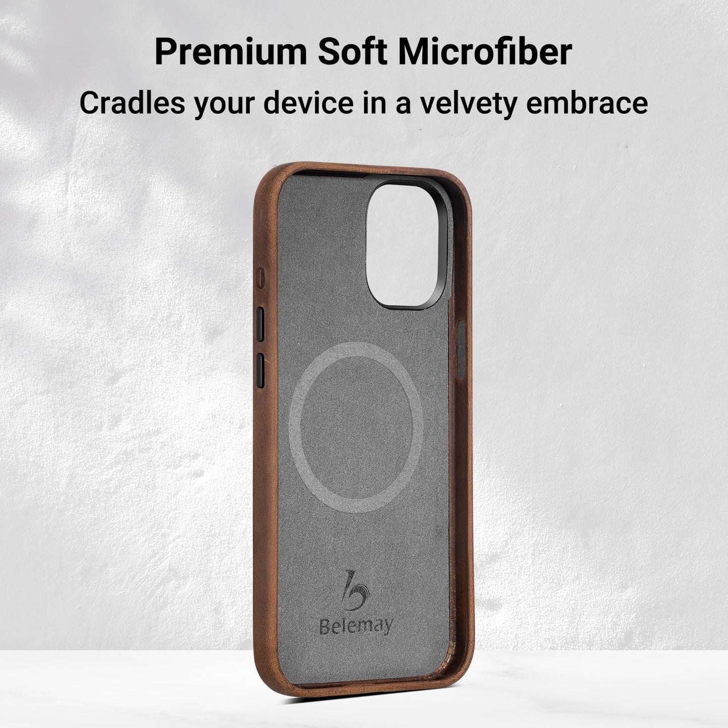 Belemay Compatible with iPhone 14 Leather Case Magsafe - Top Grain Vintage Crazy Horse Leather - Metal Buttons & Camera Bezel Bump - Slim Fit & Soft Feel - Premium Phone Cover (6.1-inch) Retro Brown
