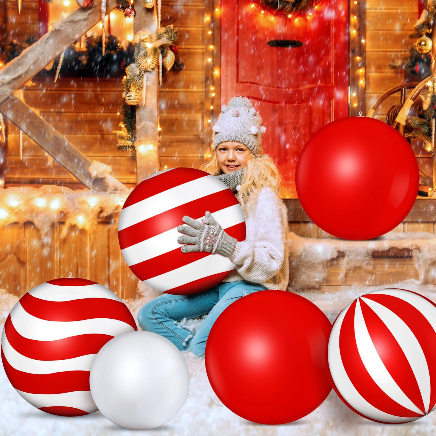 Jetec 12 Pcs 24 Inch 16 Inch Giant Inflatable Christmas Balls Ornaments Large PVC Inflatable Ball Decorations for Xmas Tree Holiday Yard Lawn Porch Outdoor(Red, White,Classic Candy Cane)