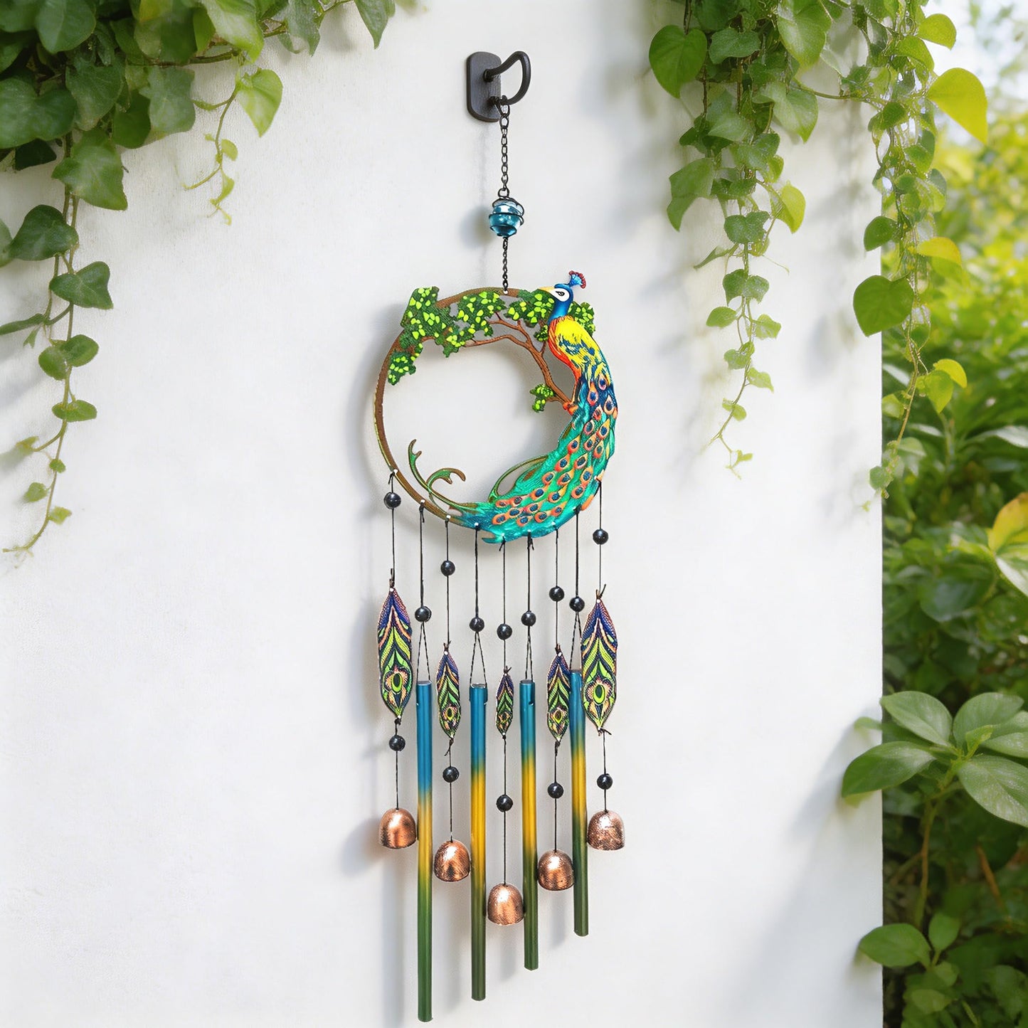 Peacock Dream Catchers Windchimes with Copper Bells 28" Peacock Wind Chimes for Zen Atmosphere Outdoor Garden Decor Unique Peacock Gift Home Decor
