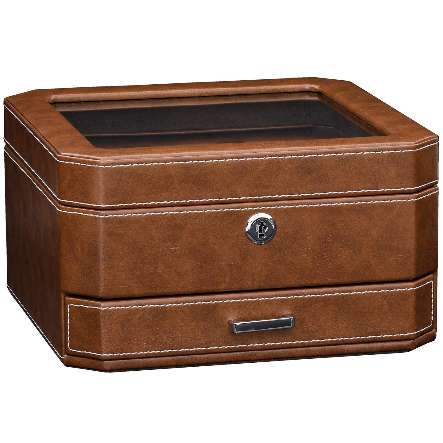 ROTHWELL 6 Slot Leather Watch Box with Valet Drawer - Luxury Case Display Organizer, Microsuede Liner, Locking Mens Jewelry Watches Holder, Men's Watch Storage Large Glass Top (Tan/Brown)