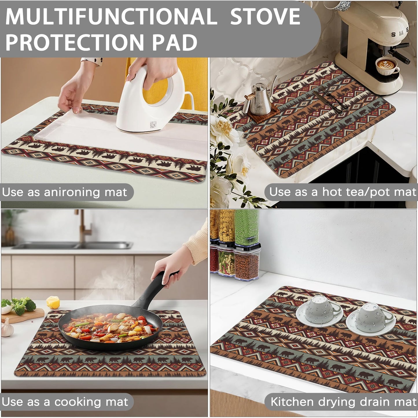 Stove Top Covers for Electric Stove,Forests Bears Indians Rubber Flat RV Range Stovetop Protector,Prevents Scratching, Expands Usable Space 28.5'' x 20.5''