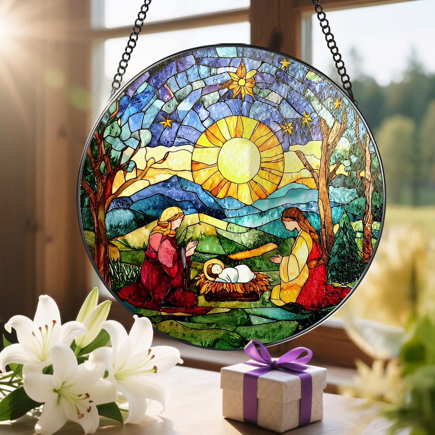 LAOWEIKI 8'' Stained Glass Suncatcher Decor, Window Hanging, Nativity Scene Ornament, Religious Christmas Ornaments, Christian Holiday Decor, Gifts for Christmas, Christian Gift, Religious Gift