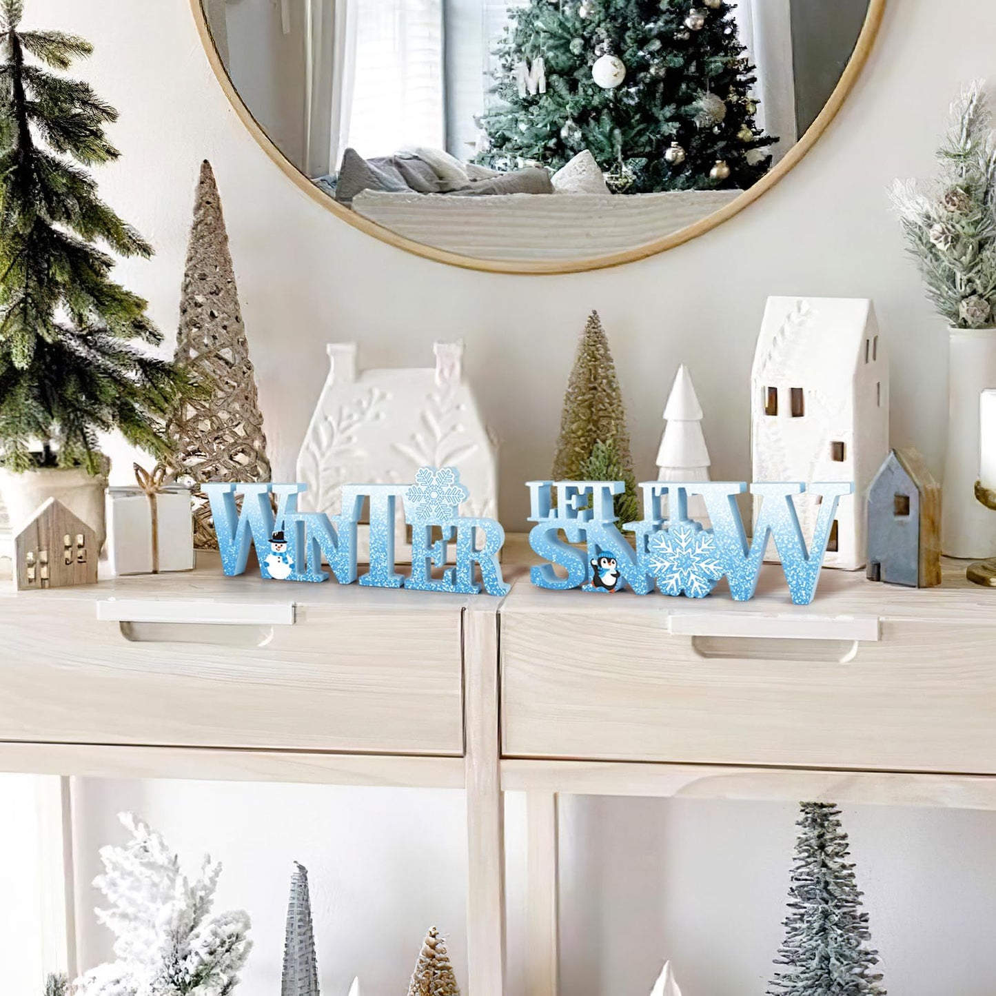 COCHIE Wooden Winter Let It Snow Sign, Snowflake Winter Decorations for Home, Office, Shelf, Mantel, Indoor, Blue White Wood Table Top Party Decor (Blue)