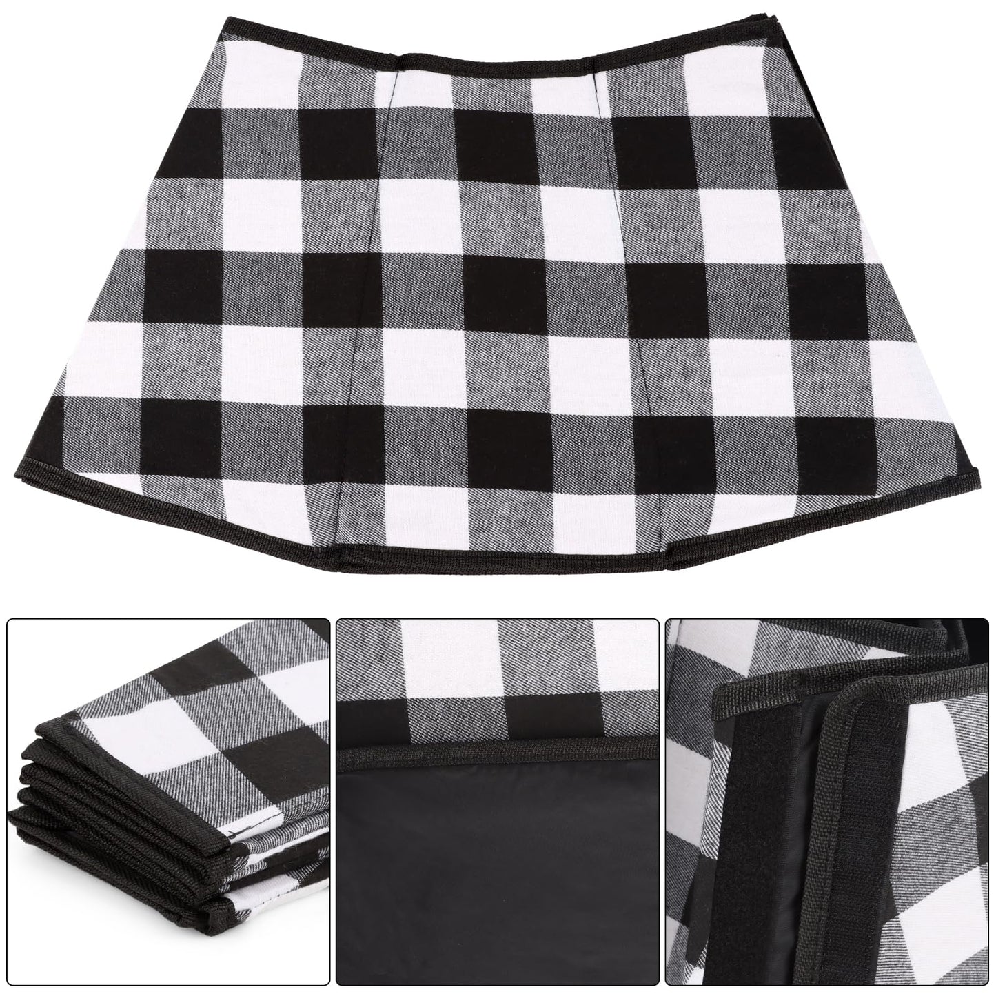 Christmas Tree Collar Velvet Folable Black White Buffalo Plaid Christmas Tree Ring Tree Skirt for Christmas Holiday Tree Decoration
