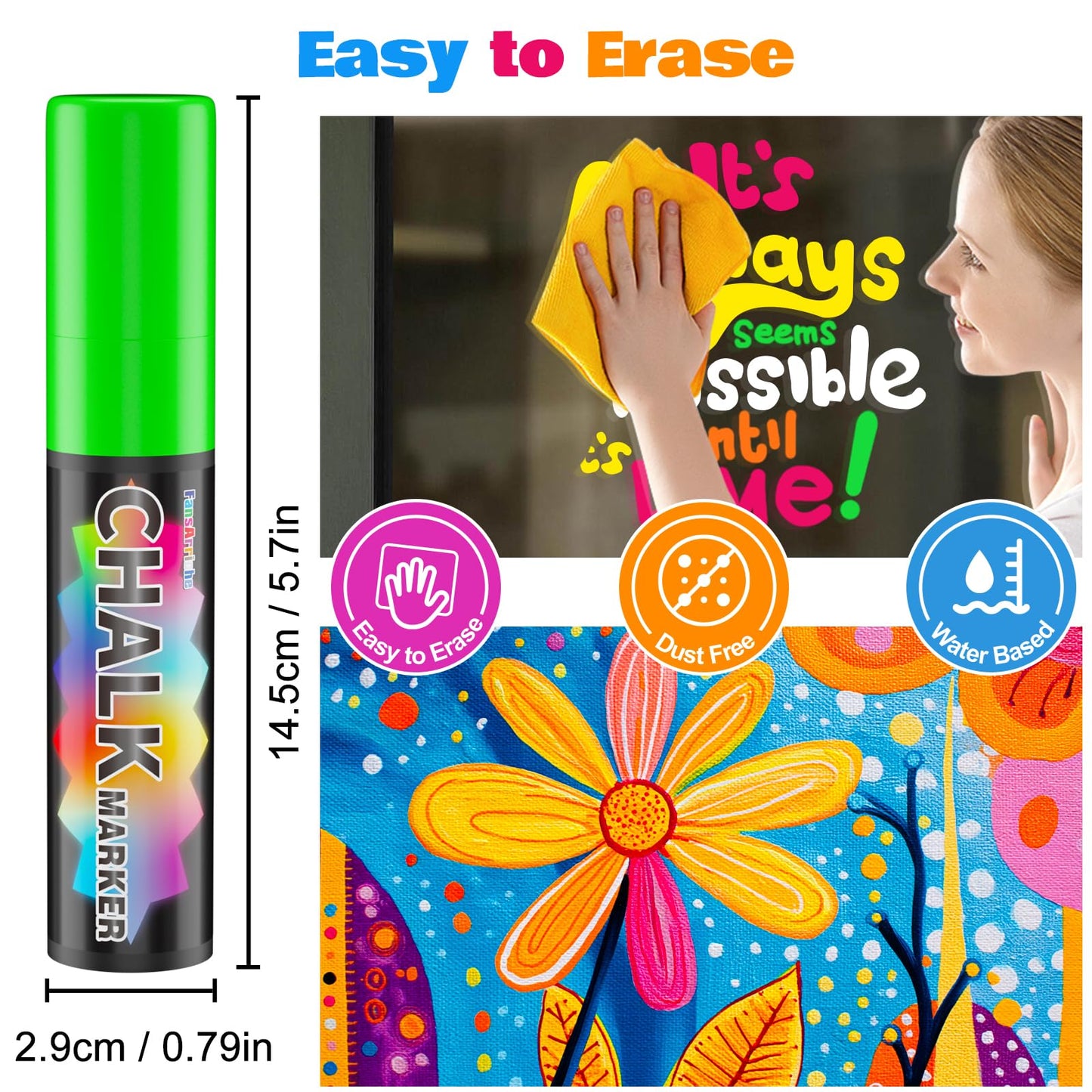 FansArriche Liquid Chalk Markers, 15mm Jumbo Car Window Markers, 8 Pack Erasable Neon Chalk Pens for Chalkboard, Blackboard, Glass, Signs, 3-in-1 Nib