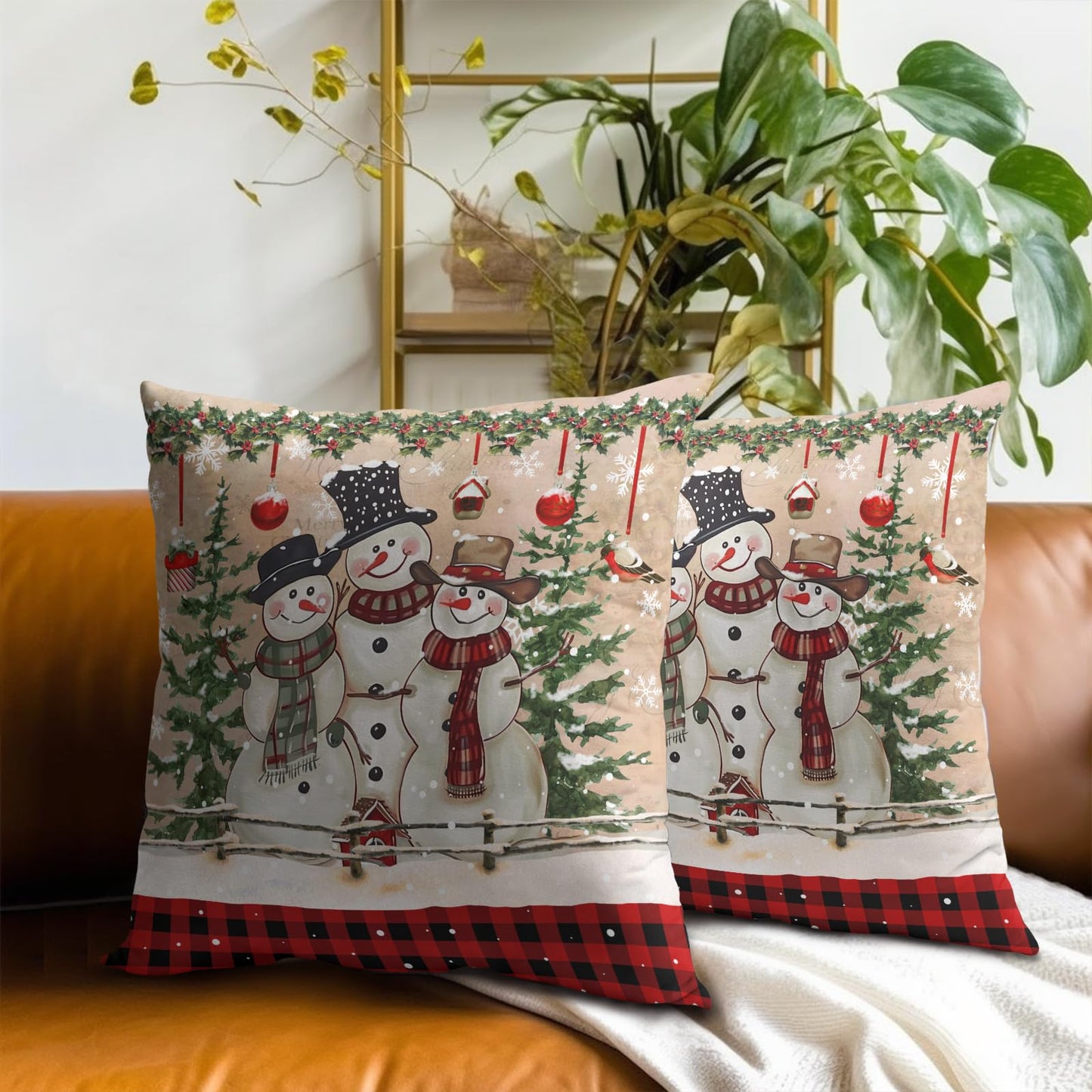 Giwawa Winter Snowman Throw Pillow Covers 18x18 Inch Set of 2 Red Buffalo Plaid Cushion Cover Accent Pillow Protector for Home Sofa Bedroom Decor