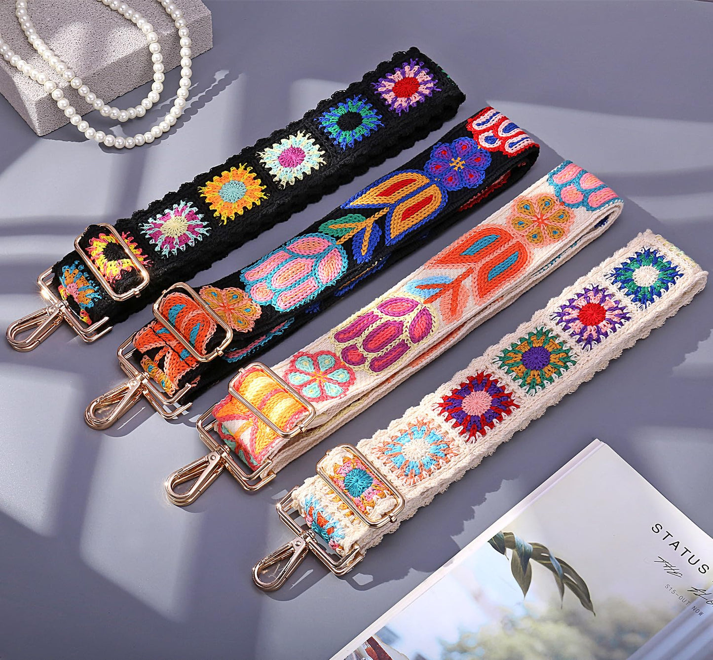 Greaciary Wide Purse straps Crochet Flower replacement crossbody for Handbags Adjustable Embroidery Knit Guitar Shoulder strap for Bag (Black floral)